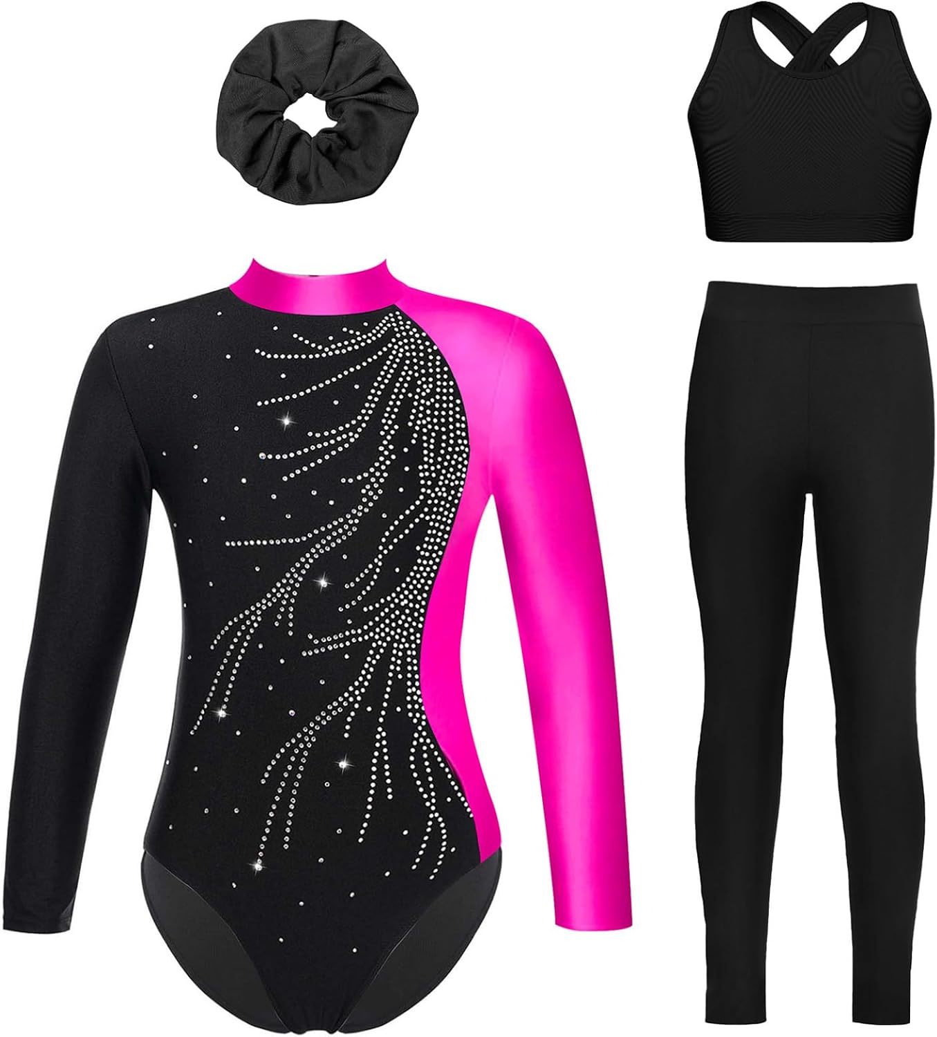 Gymnastics Leotard for Girls Long Sleeve Rhinestone Bodysuit Tumbling Unitard with Crop Top and Leggings