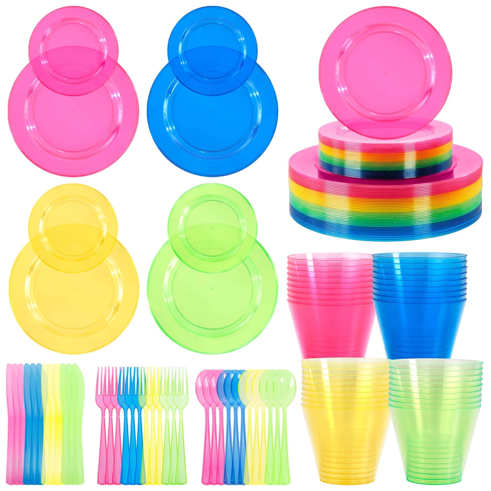 Supernal 216pcs Plastic Dinnerware Set include Rainbow Disposable Plates for Party Heavy Duty,Colorful Disposable Cups,Plastic Silveware in Neon Pink,