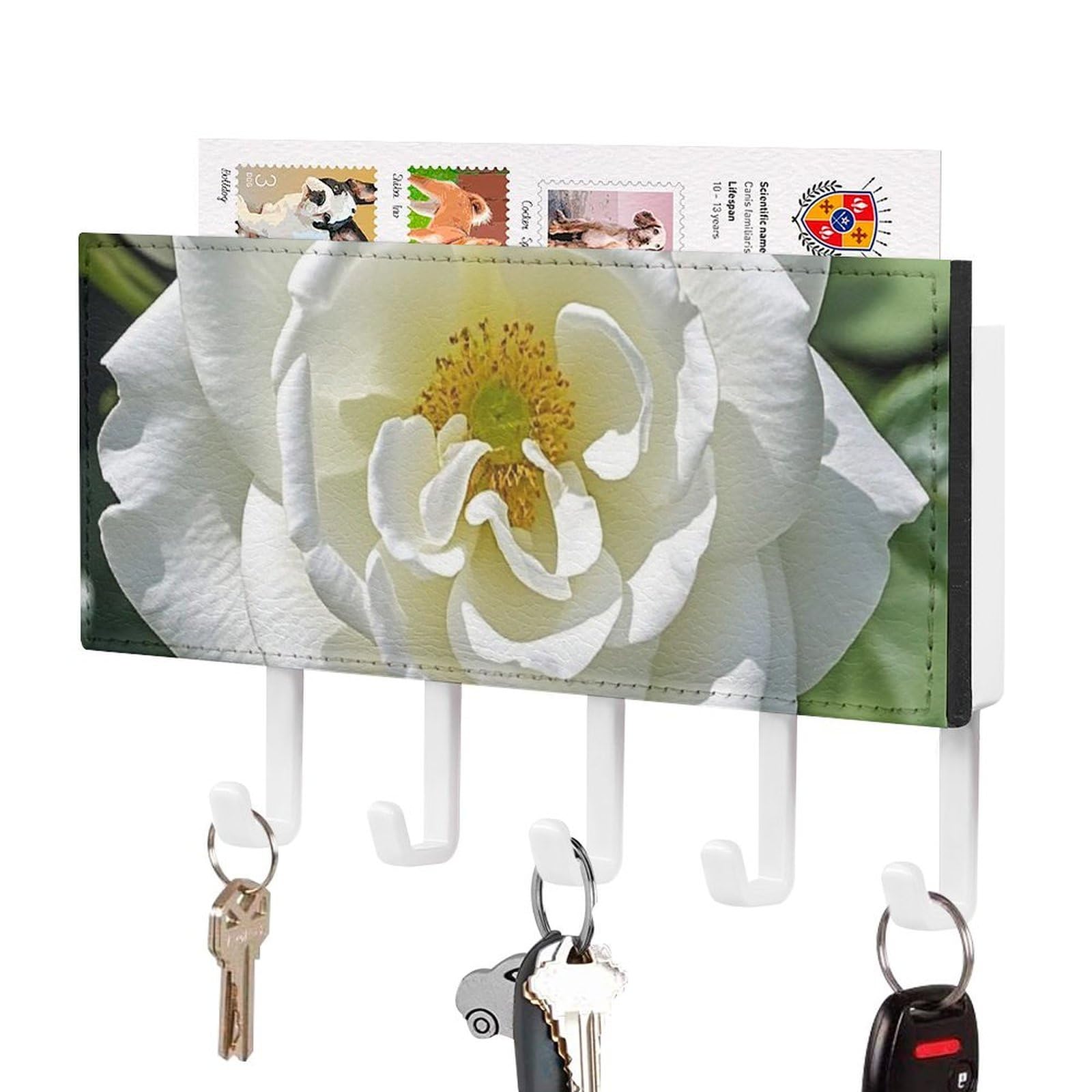 Fekiloot White-Style White Rose Key Holder Wall Mount Key Hanger With 5 Hooks Decorative Key Rack Hanging Key Hooks With Mail Organizer Key Holder For Wall Living Room Kitchen Bathroom Hallway White