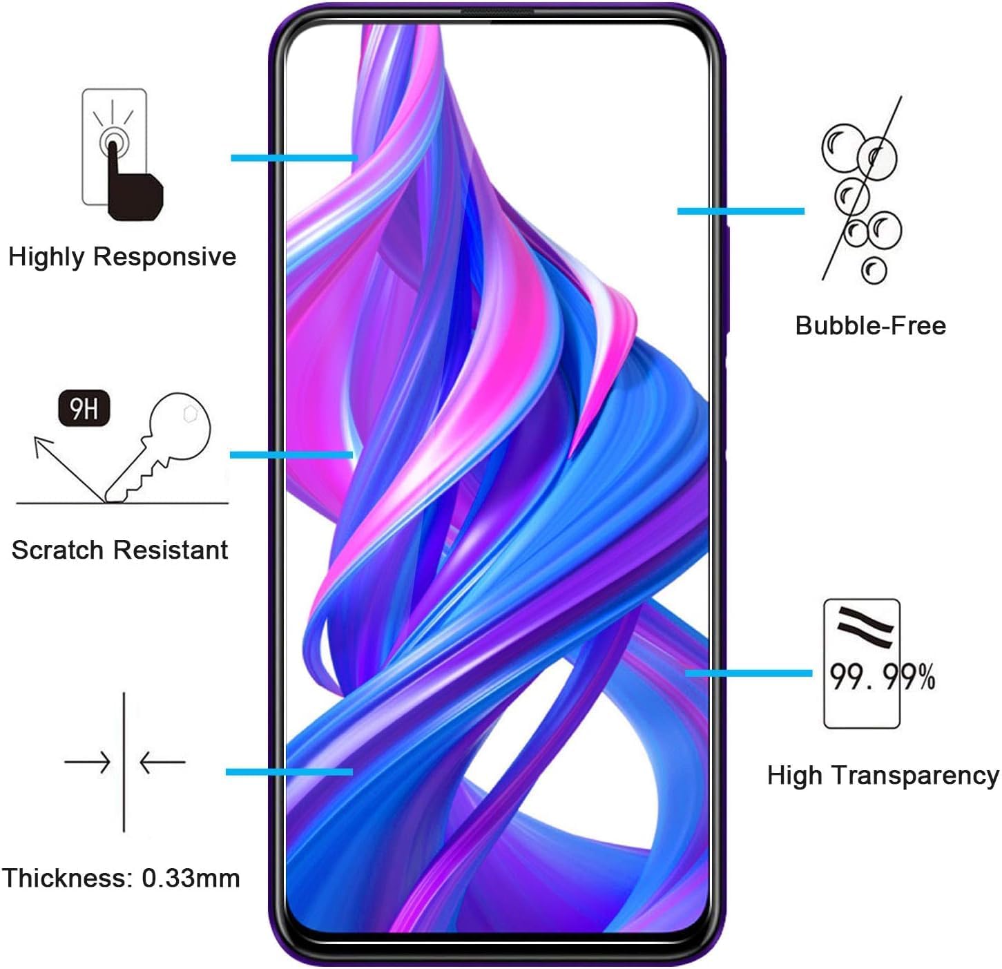 SCL Vetro Temperato per Honor 9X Pellicola Protettiva Huawei P Smart Z Vetro Temperato [2-Pezzi], [9H Durezza, 2,5D Bordo Curvo, Anti-Graffio, Senza Bolle, Custodia Compatible