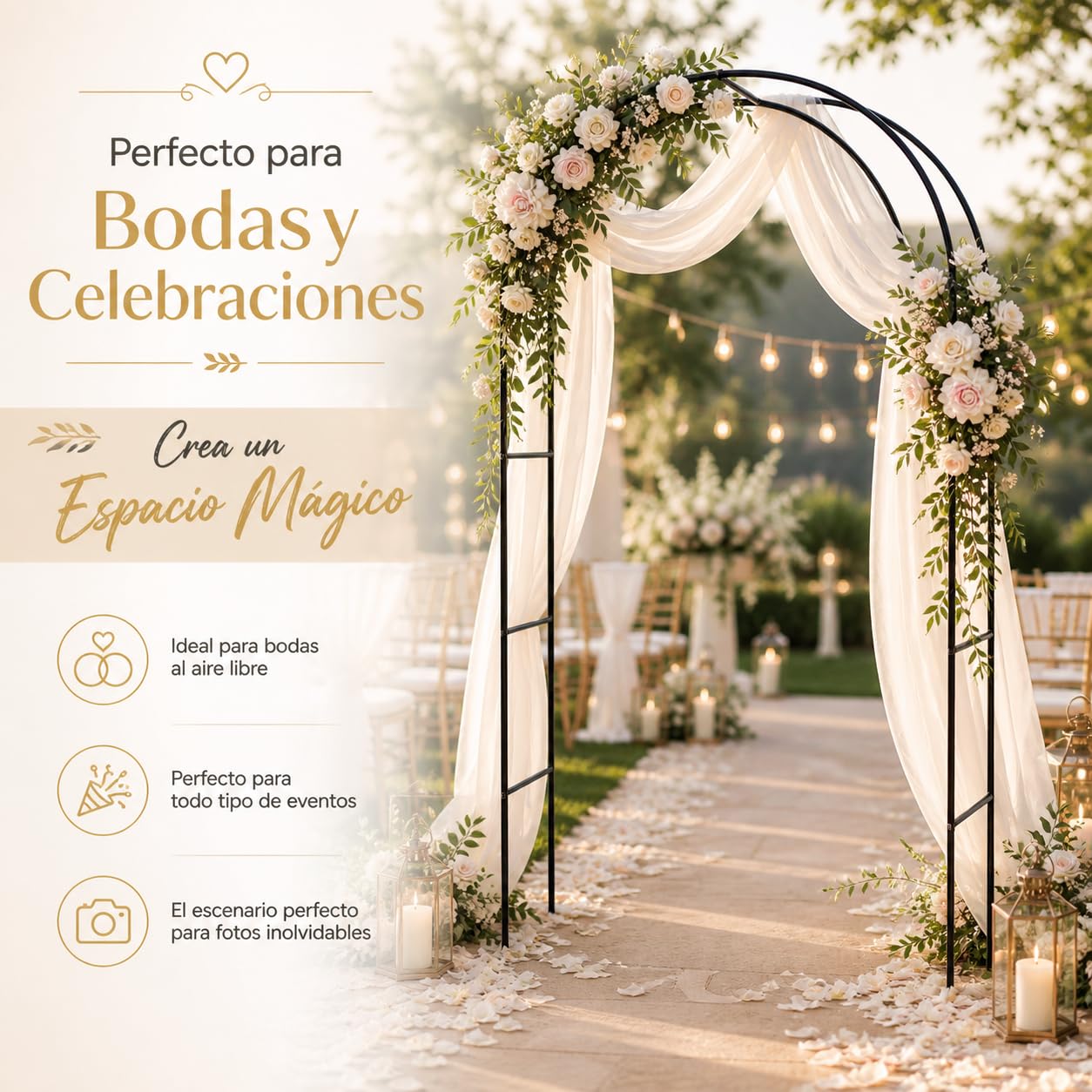JAMAX – Arco de jardín de Metal Negro 240x140x36 cm para Eventos, Celebraciones y Bodas. Enrejado para Rosas y Plantas Trepadoras Moderno, Firme, Resistente y Decorativo. (Arco Negro)