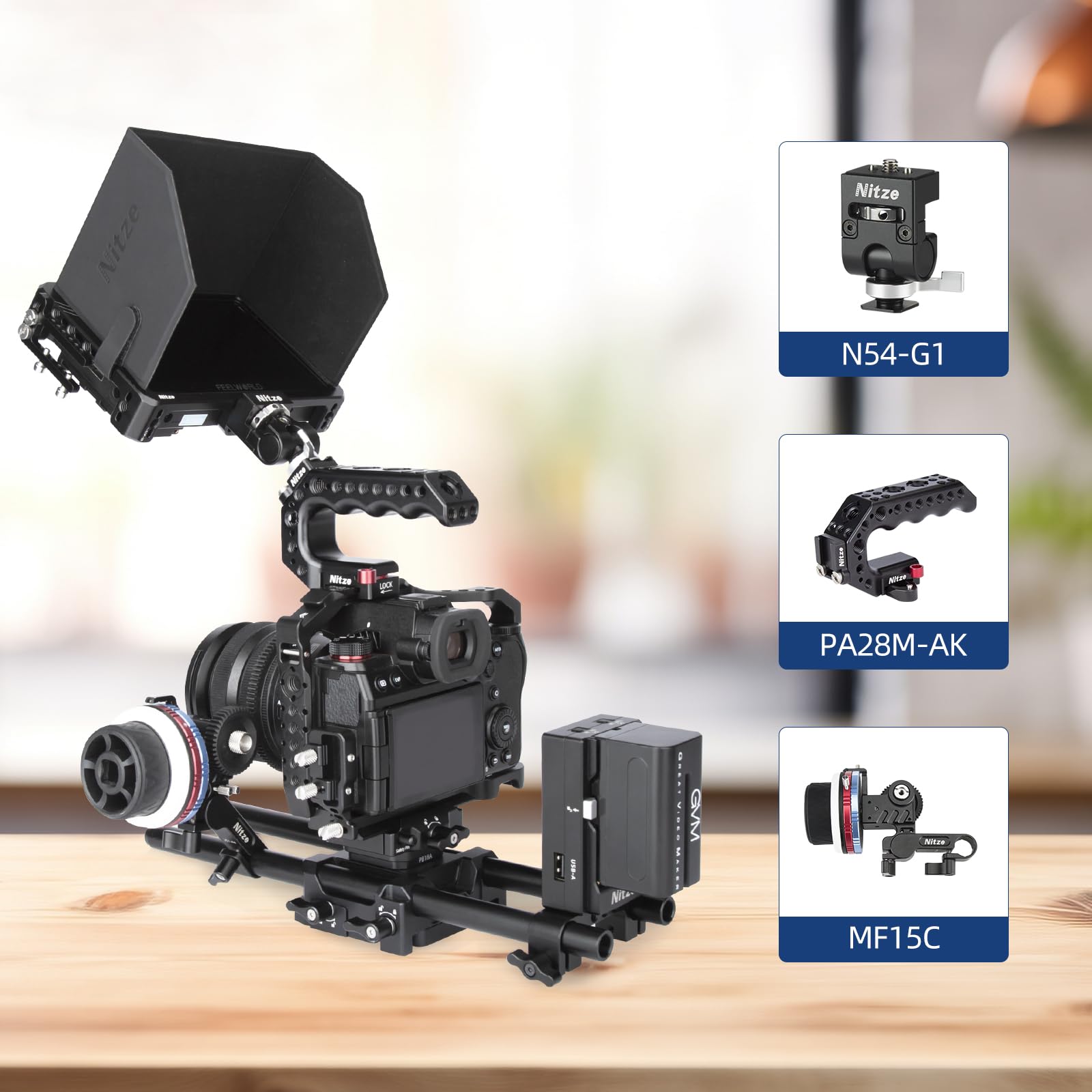 Nitze Cage de Moniteur pour Feelworld F6 PLUSX / F6 Plus / F5 Pro / F5 Prox, avec Serre-Câble HDMI et Pare-Soleil - JT-F05B