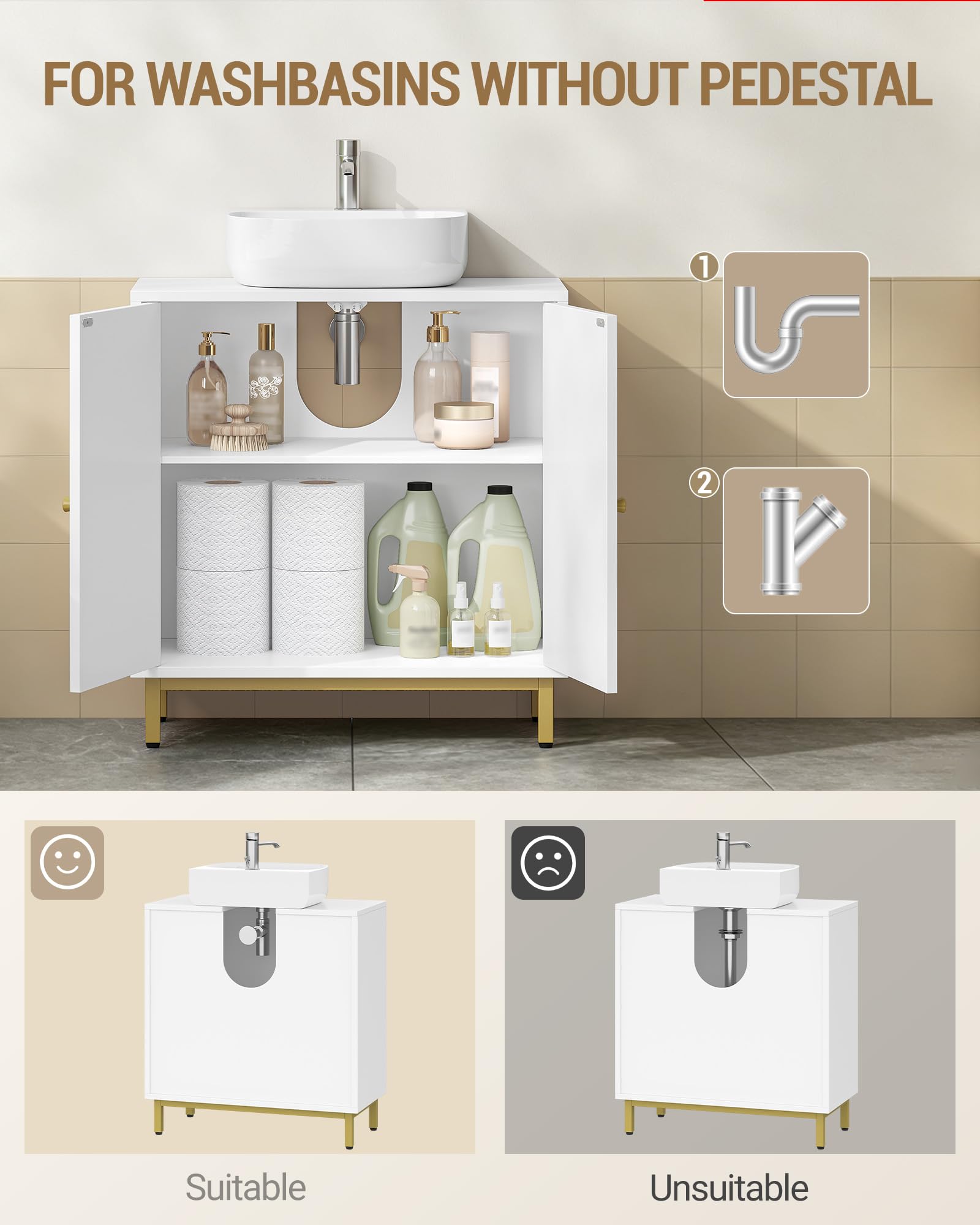 Hzuaneri Meuble sous lavabo, Meuble de Rangement pour Salle de Bain, Blanc