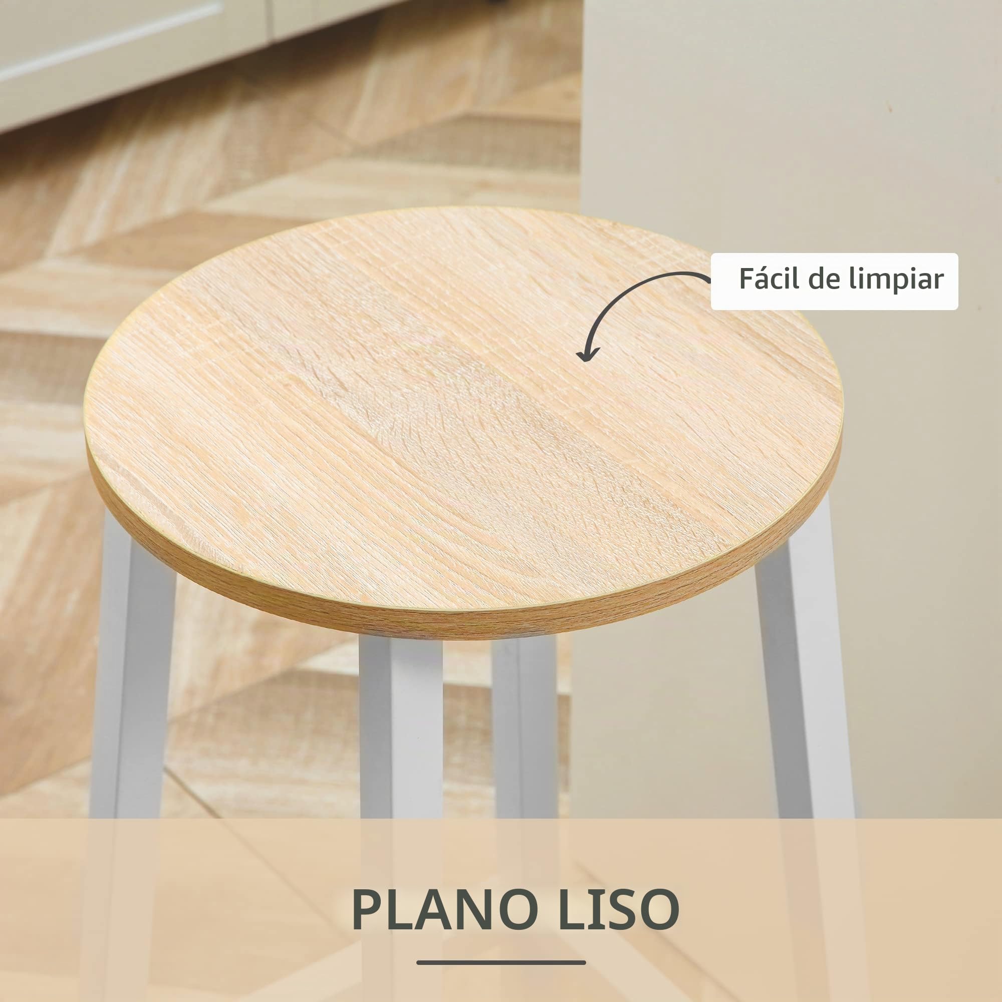 HOMCOM Juego de 2 Taburetes Altos de Cocina 65 cm Madera Natural y Blanco | Taburetes de Bar, Patas de Acero, Reposapiés, para Salón Comedor Bar, Carga 75 kg