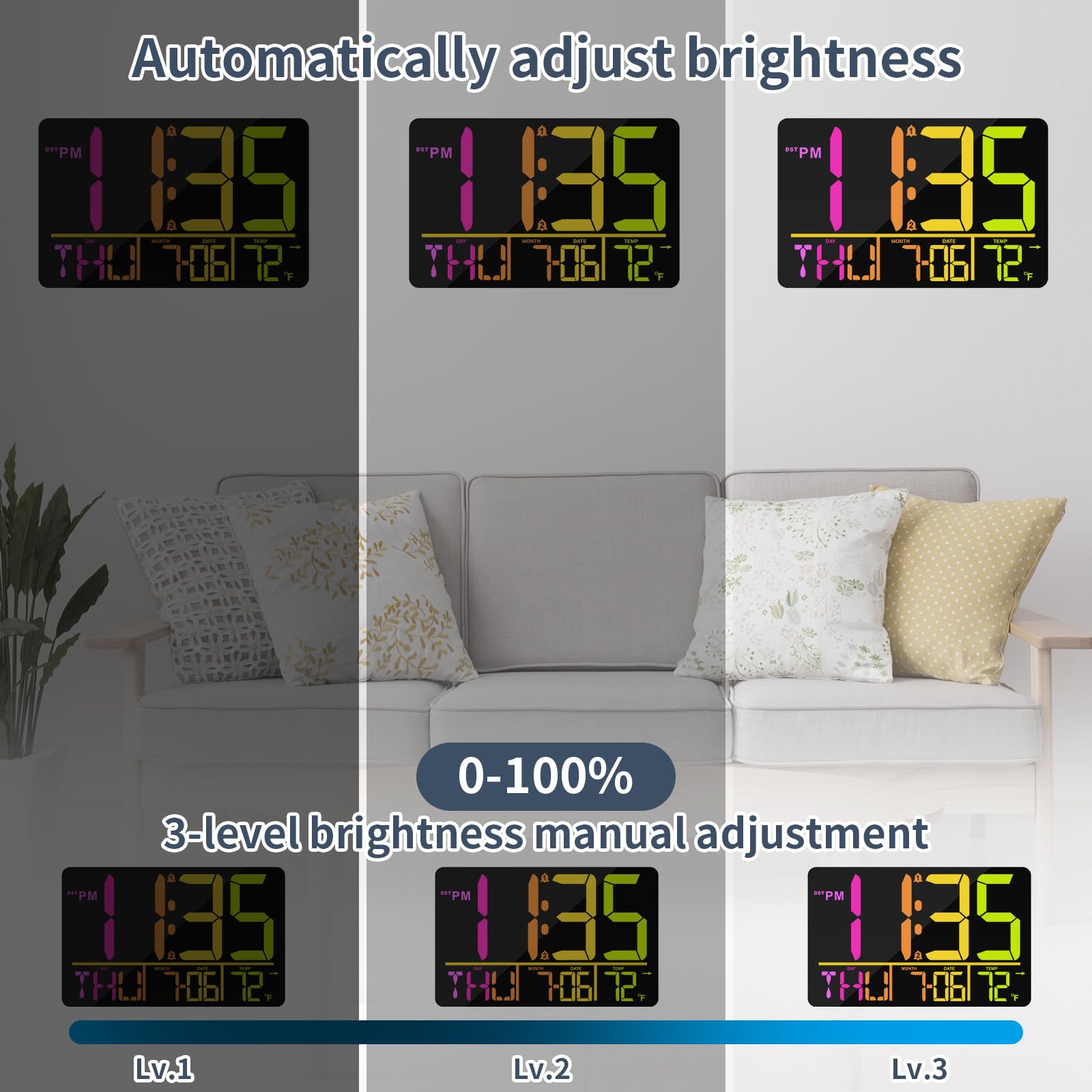 PERSUPER Reloj de pared digital grande de 13 pulgadas con control remoto, cambio de color RGB, 25 tonos de llamada, 0-100% brillo automático/personalizado, temperatura, calendario, 12/24 horas, DST,