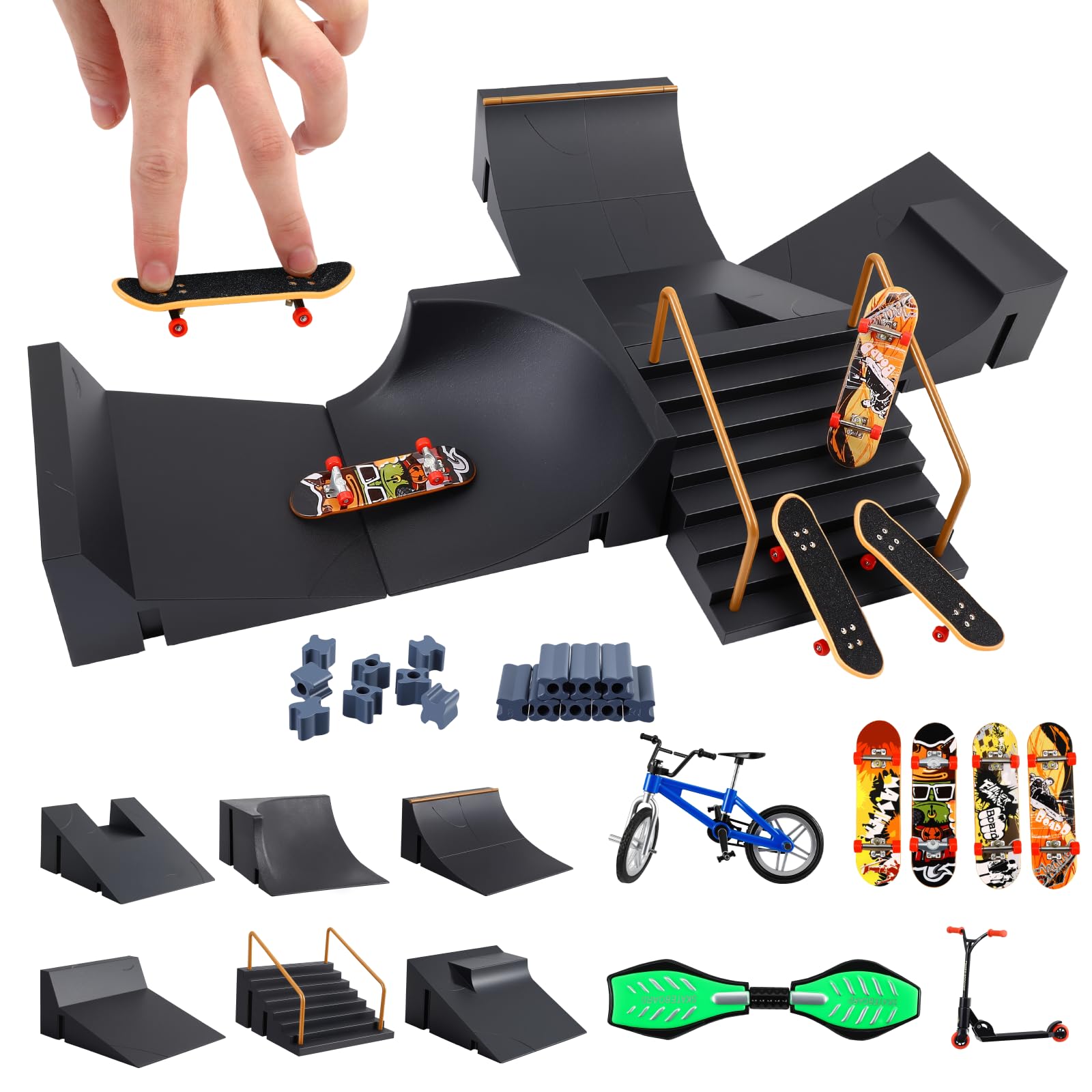 Pro Fingerboard Skate Park Set including Mini Fingerboard Ramps and Finger Scooter Stunt Bikes for Kids Desktop Play and Training Props Portable Finger Skateboard Toys for Beginners and Advanced Users
