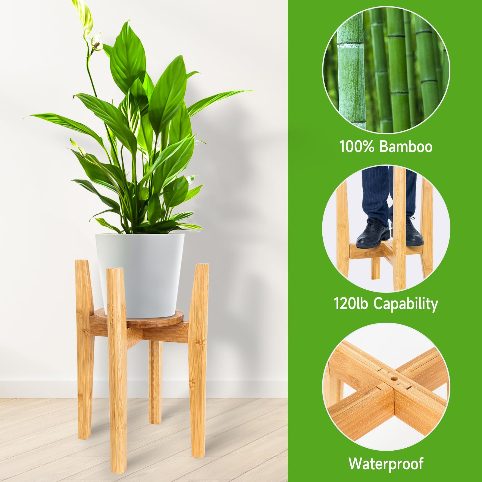 Verstellbarer Pflanzenständer mit Tablett, Holz-Pflanzenständer für den Innenbereich, passend für 20,3 cm bis 30,5 cm Pflanzgefäß, moderner Blumentopfhalter aus der Mitte des Jahrhunderts (Pflanze und
