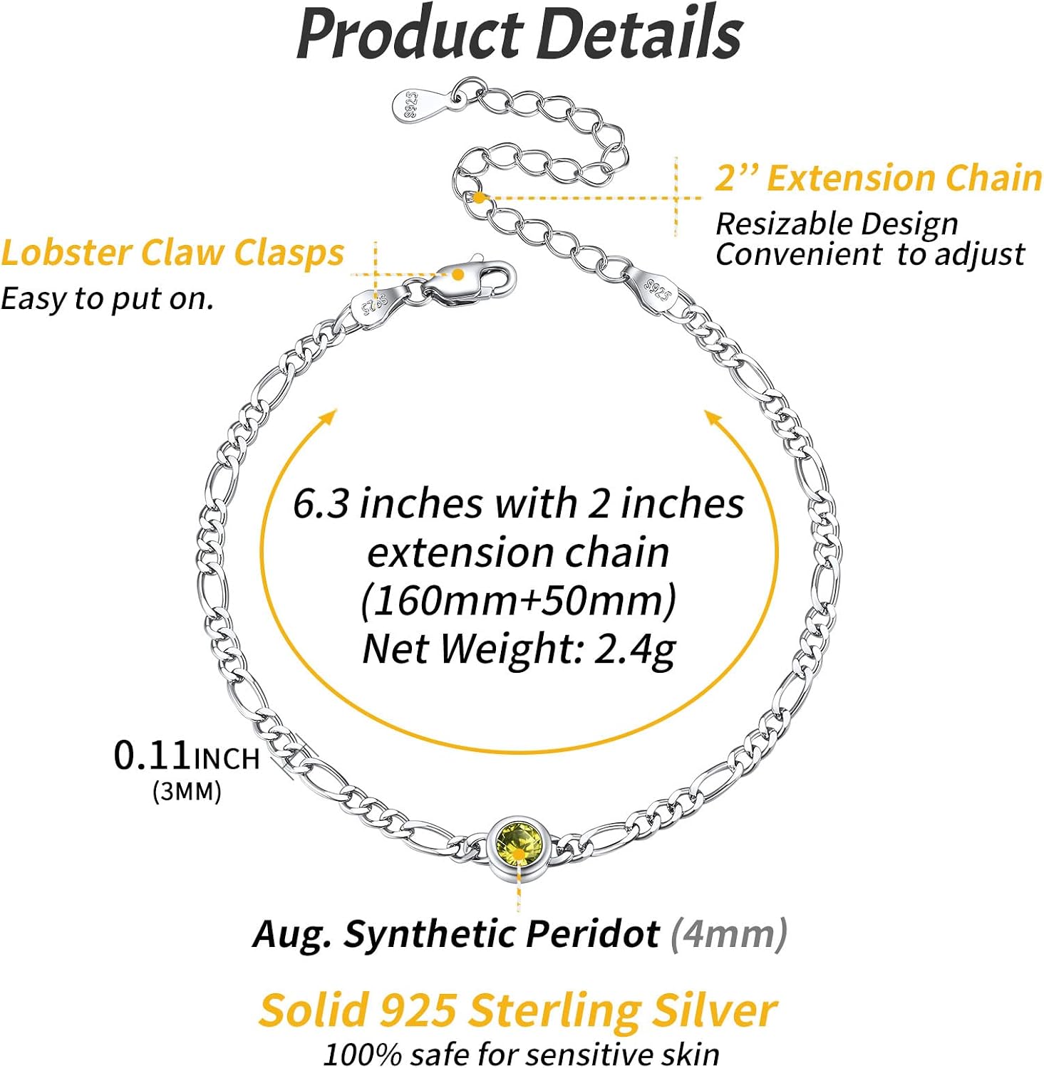 ChicSilver 925 Sterling Silver Heart/Round Birthstone Figaro Chain Bracelet for Women Mothers Day Birthday Jewelry Gifts