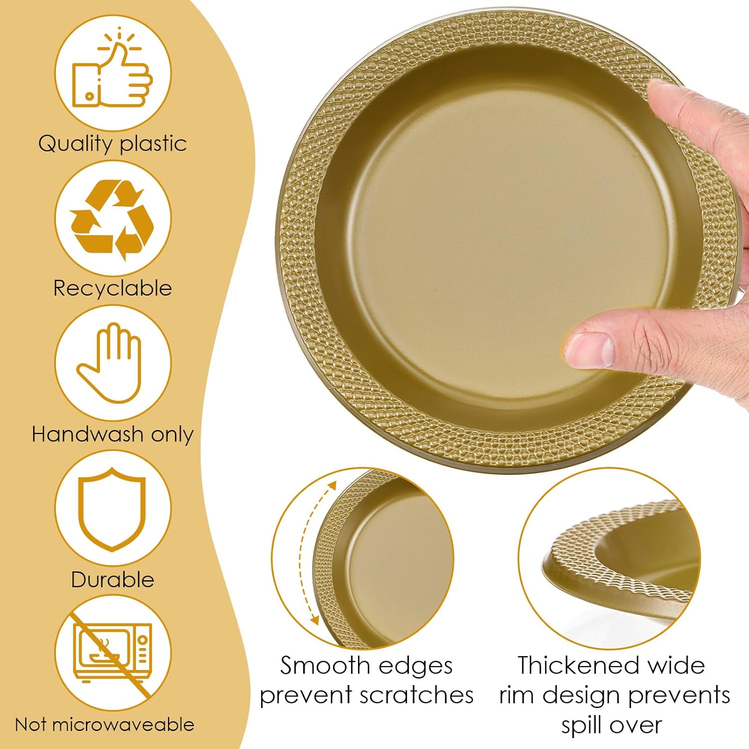 Yolev 200 Pcs Plastic Dessert Plates Bulk 7 Inch Disposable Gold Cake Appetizer Plates Bulk Round Heavy Duty Dessert Plate for Party Wedding Birthday Dinner