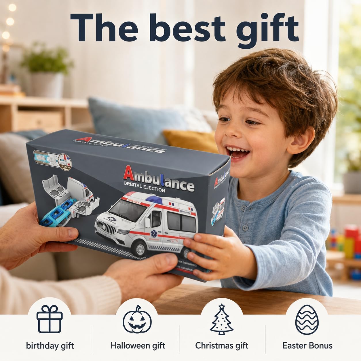 Transforming Ambulance Toy Car for Kids, Launch Track Racing Set with6 Cars