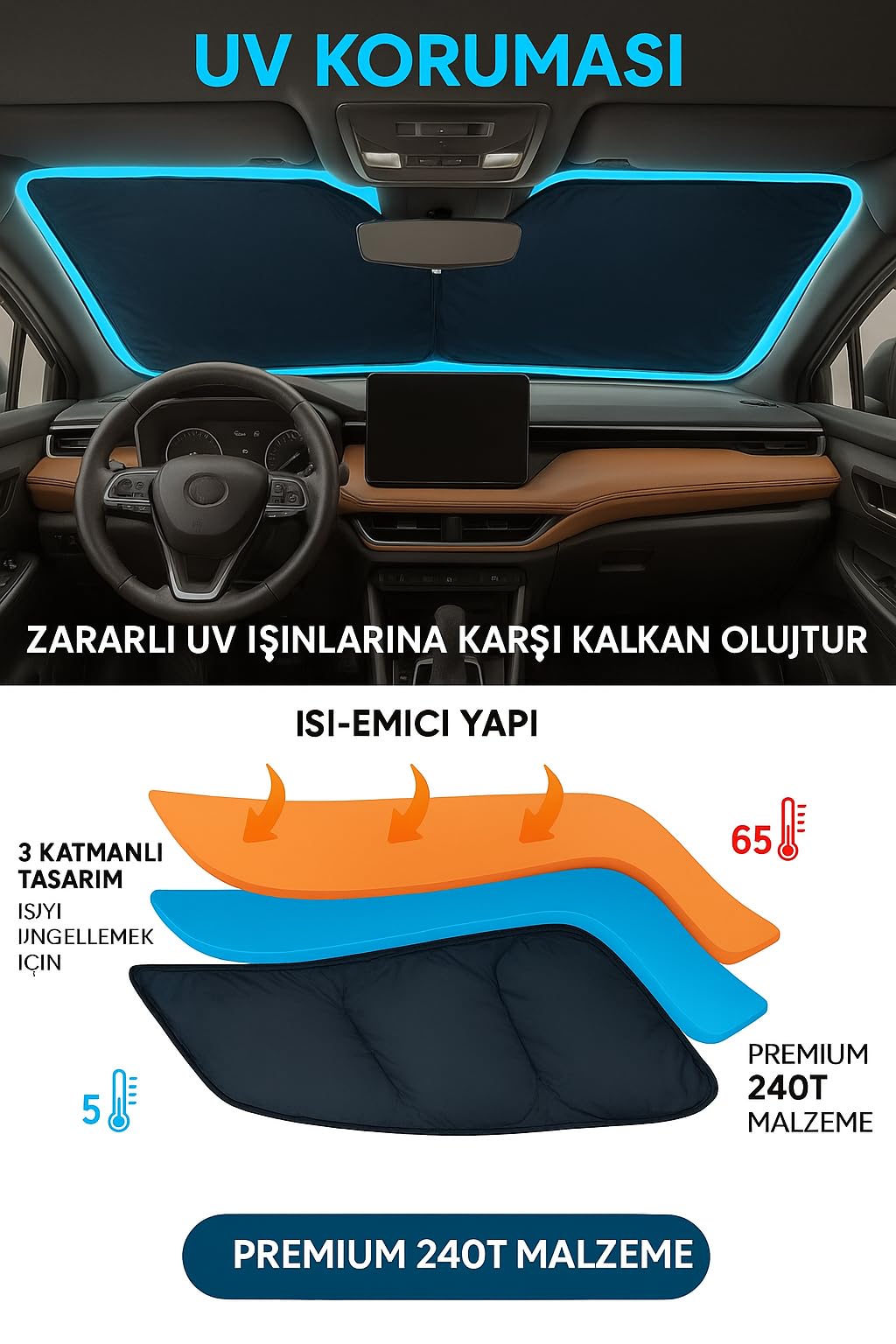 Araba Ön Cam Güneşlik Kolay Katlanabilir (150cm x 70cm) - UV Koruma ve Isı Azaltma Otomobil Güneşlikleri