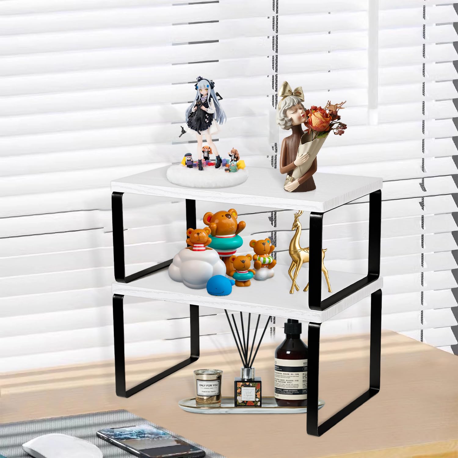 Lot de 2 étagères extensibles empilables pour comptoir de cuisine, étagère à épices en métal et bois, encre noire et blanc neige