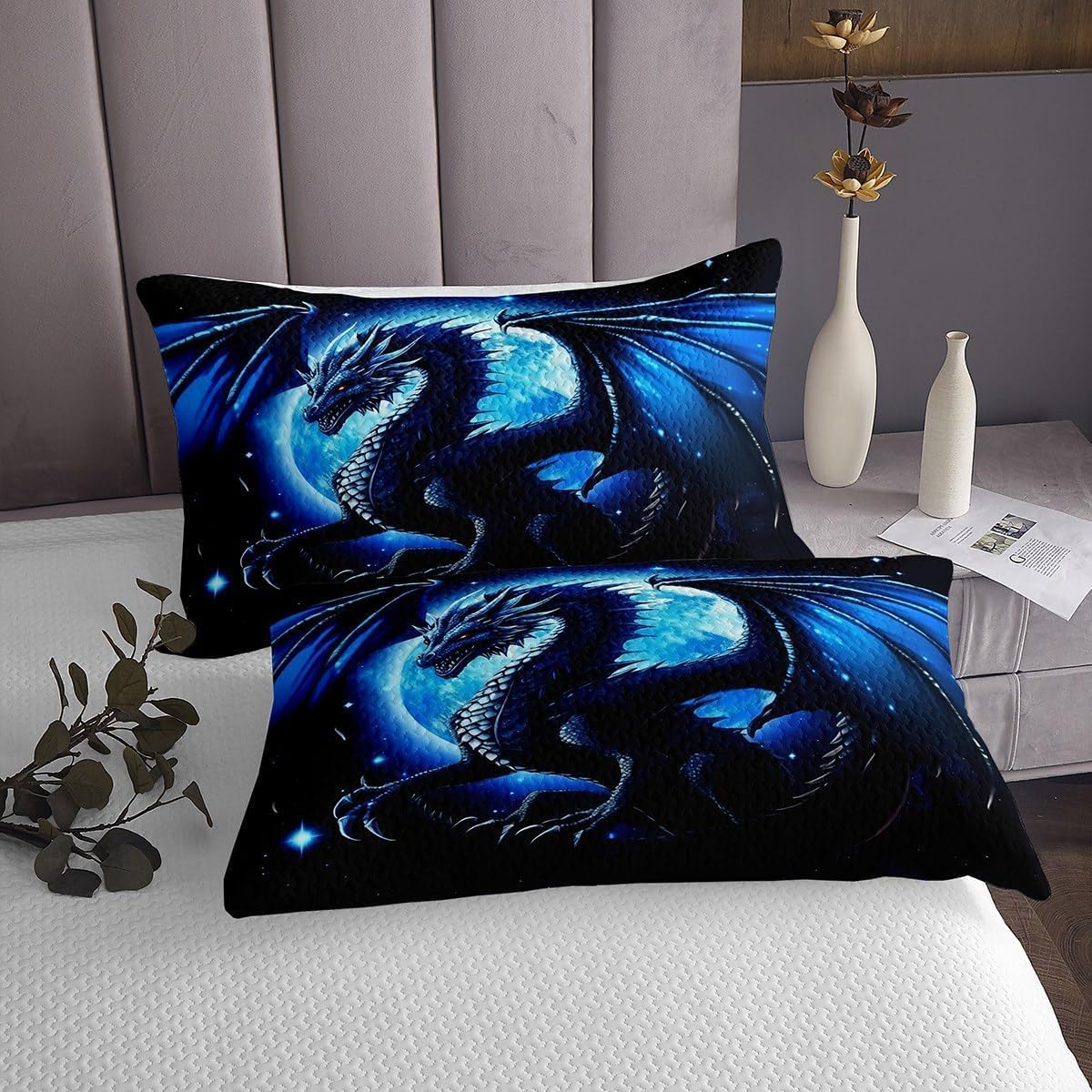 Castle Fairy Dragon Bedspread King Size,Starry Sky Moon Night Bedding Set for Kids Boys Teens Men Room Decor,3D Animals Comforter Set Western Dragon Black Blue Quilt Coverlet,2 Pillowcases