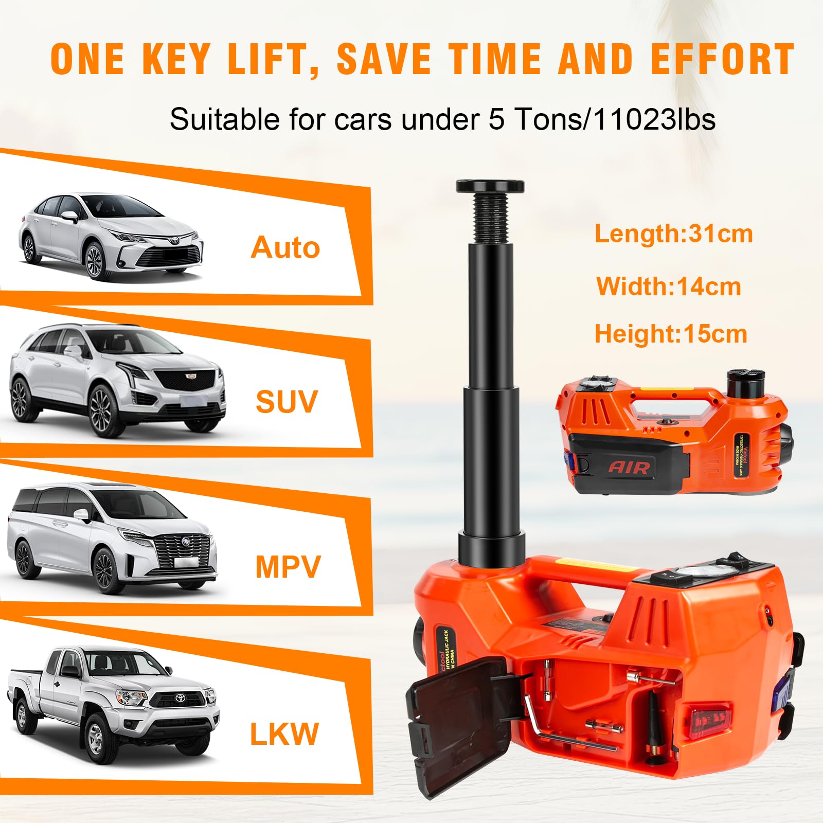 Auto Cric idraulico 5T, Cric elettrico 4 in 1 12V con pompa gonfiabile e luce LED, portata di sollevamento di 15-45 cm, Cric per auto, SUV, officine, riparazioni di emergenza, cambio gomme