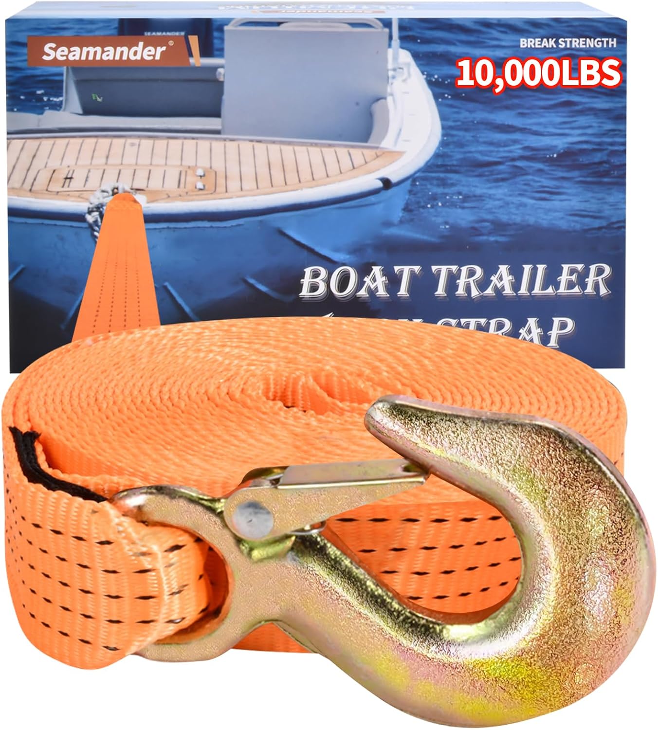 Seamander Boat Trailer Winch Strap with Hook,Heavy Duty Winch Strap Suitable for Towing and Boat Trailers,2 Inch 20-Foot 10,000 lbs Capacity