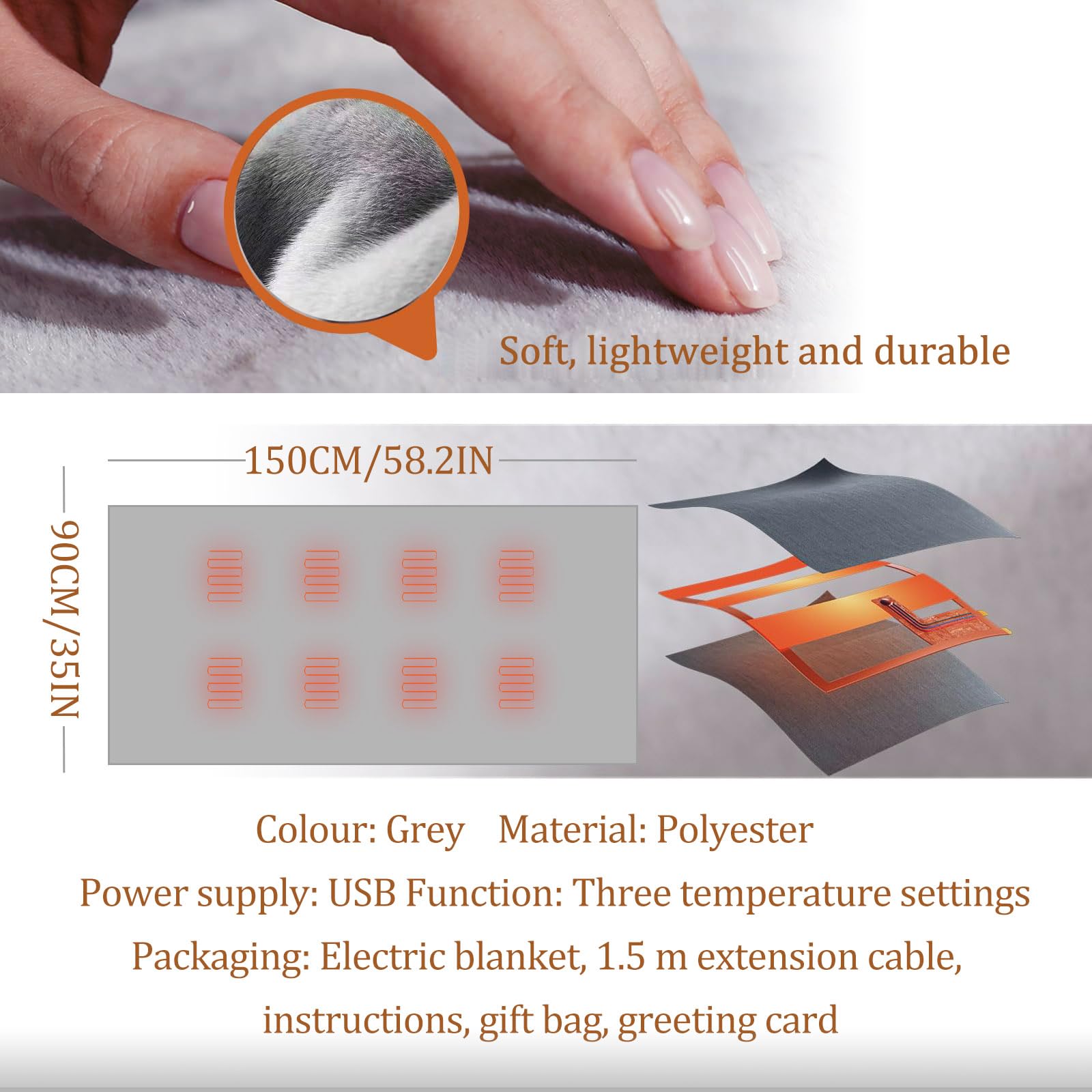 Coperta elettrica a batteria senza fili – pelliccia di coniglio | coperta termica USB con 8 zone di riscaldamento e 3 livelli di temperatura, portatile per casa, ufficio, auto, regalo ideale