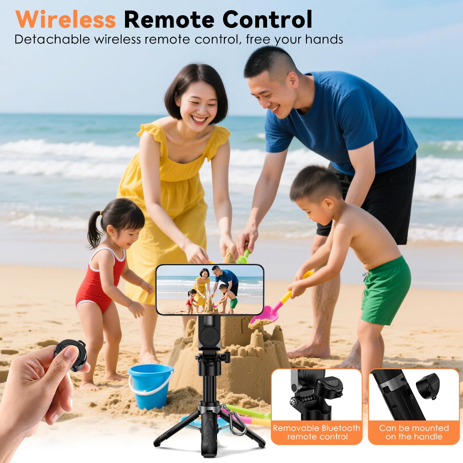 CloudValley Magnetic Mini Selfie Stick Tripod, kieszonkowy statyw do telefonu 4 w 1 z możliwością obrotu o 360°, ładowalny pilot Bluetooth, składany uchwyt