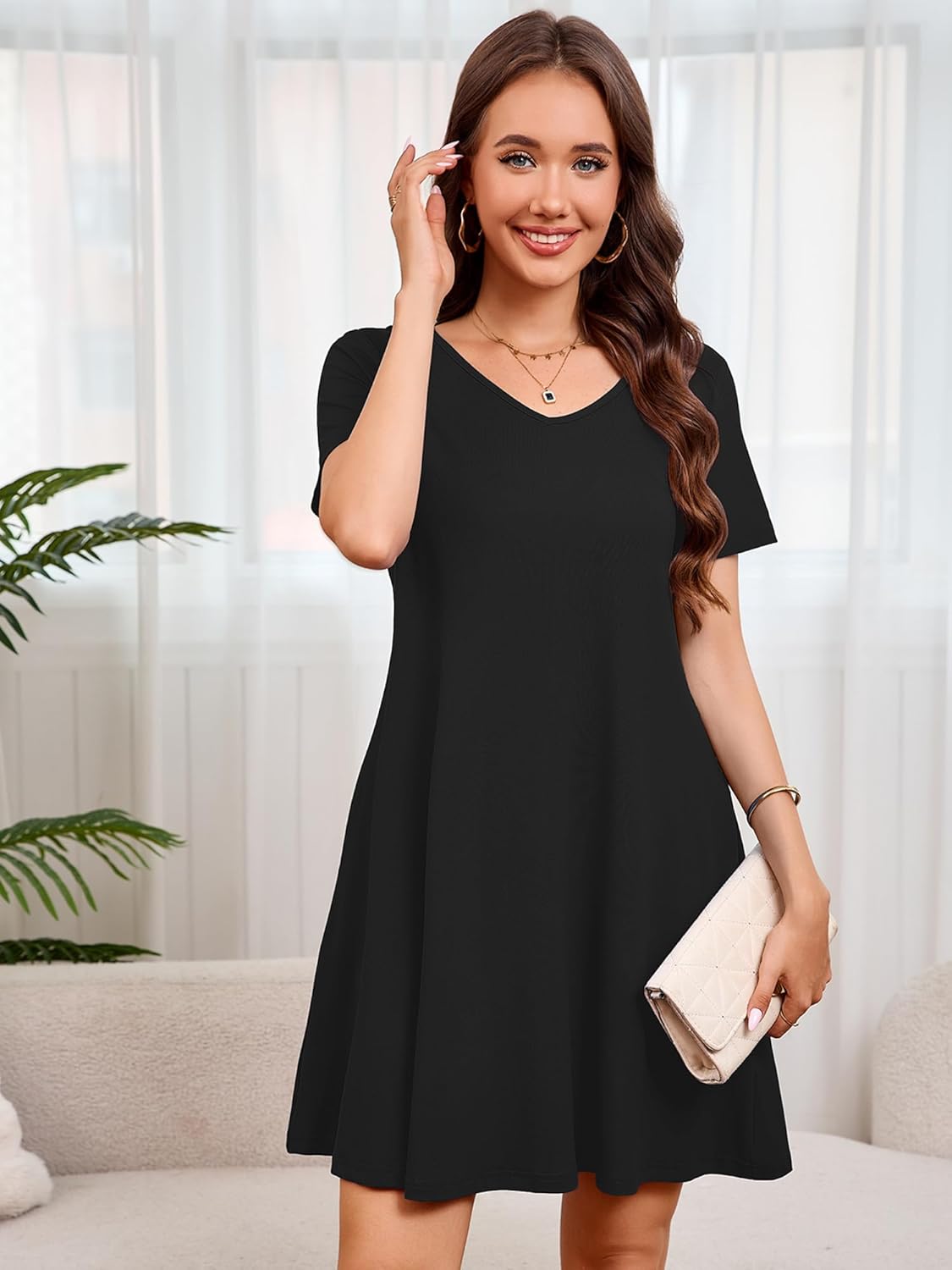 Women's Summer Casual T Shirt Dress Short Sleeve Swing Dresses with Pockets Ladies V Neck Sundress - Image 3