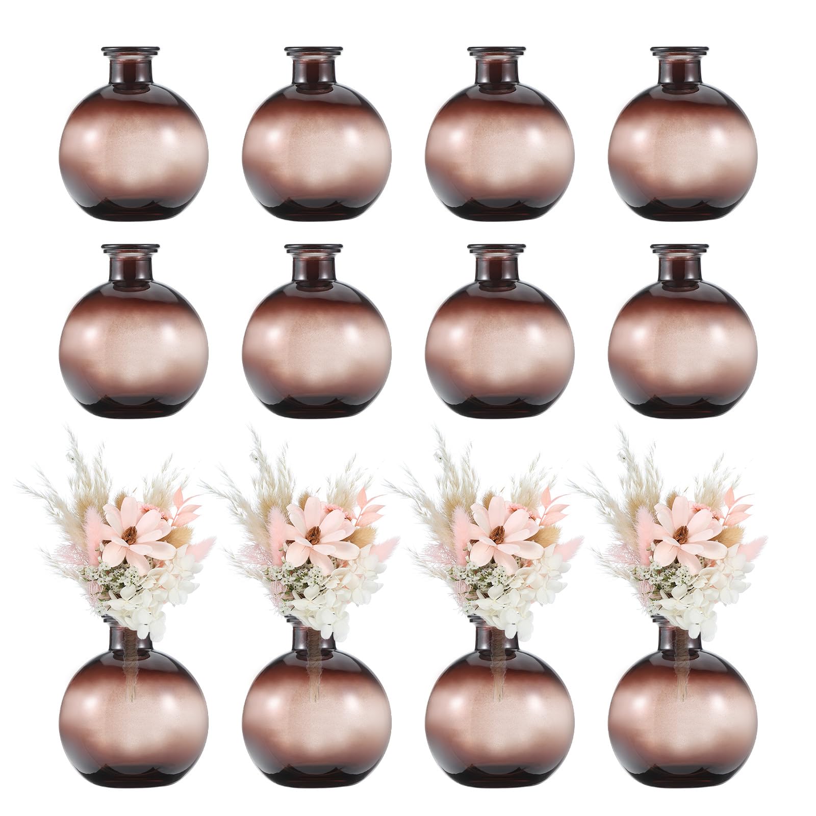 Photo 1 of uxcell Brown Glass Bud Vase Set of 12, Small Flower Vases for Centerpiece, Round Vintage Clear Mini Vases in Bulk Assorted for Rustic Wedding Floral Party Home Table Decor