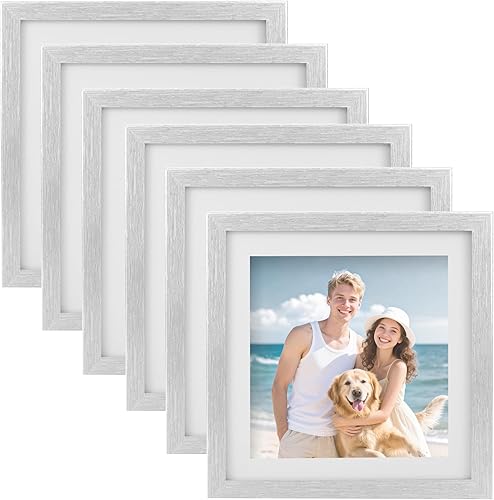 Vista 29 de Juego de 6 marcos de fotos de 6x6, marcos de fotos de grano de madera rústica para montaje en pared de galería o exhibición de mesa Madera