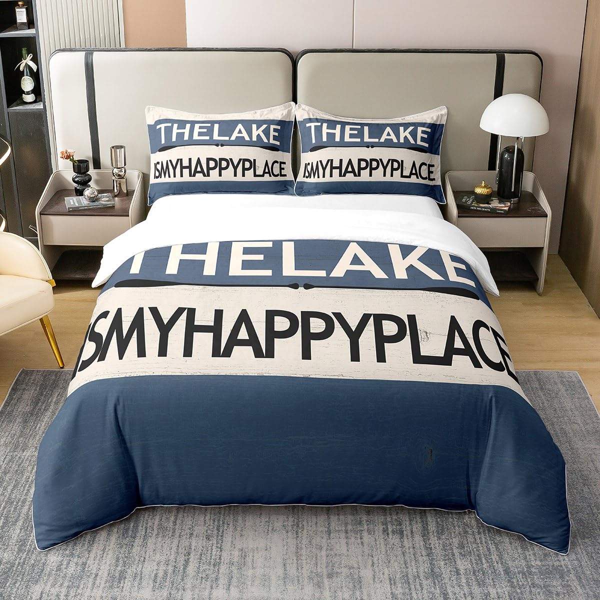 Kids Lake 100% Cotton Duvet Cover Set Super King Size Lake House Bedding Set for Boys Bedroom Decor My Happy House Relax Comforter Cover Set Lake Cabin Decor Blue and White Bedspread Cover — image 1