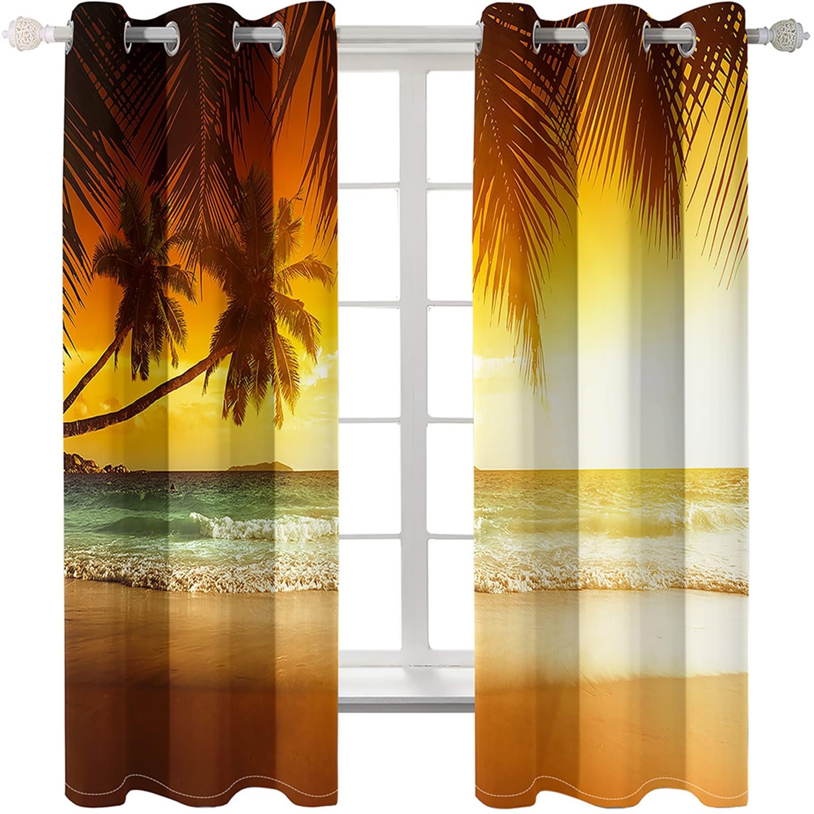 Schlafzimmer Vorhänge mit Schlaufen, 102x214cm Braun Orange Meer Strand Sonnenuntergang Landschaft Thermovorhang Kälteschutz Blickdicht, Schallschutz Vorhang Schlafzimmer