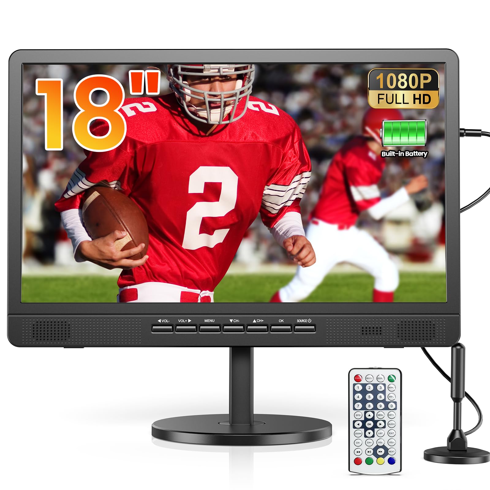 desobry 18 inch portable tv with digital atsc tuner, small tv with built-in 6500mah, portable monitor with 1080p hdmi input, av input, usb, small t v for travel, camping, rv, kitchen, patio