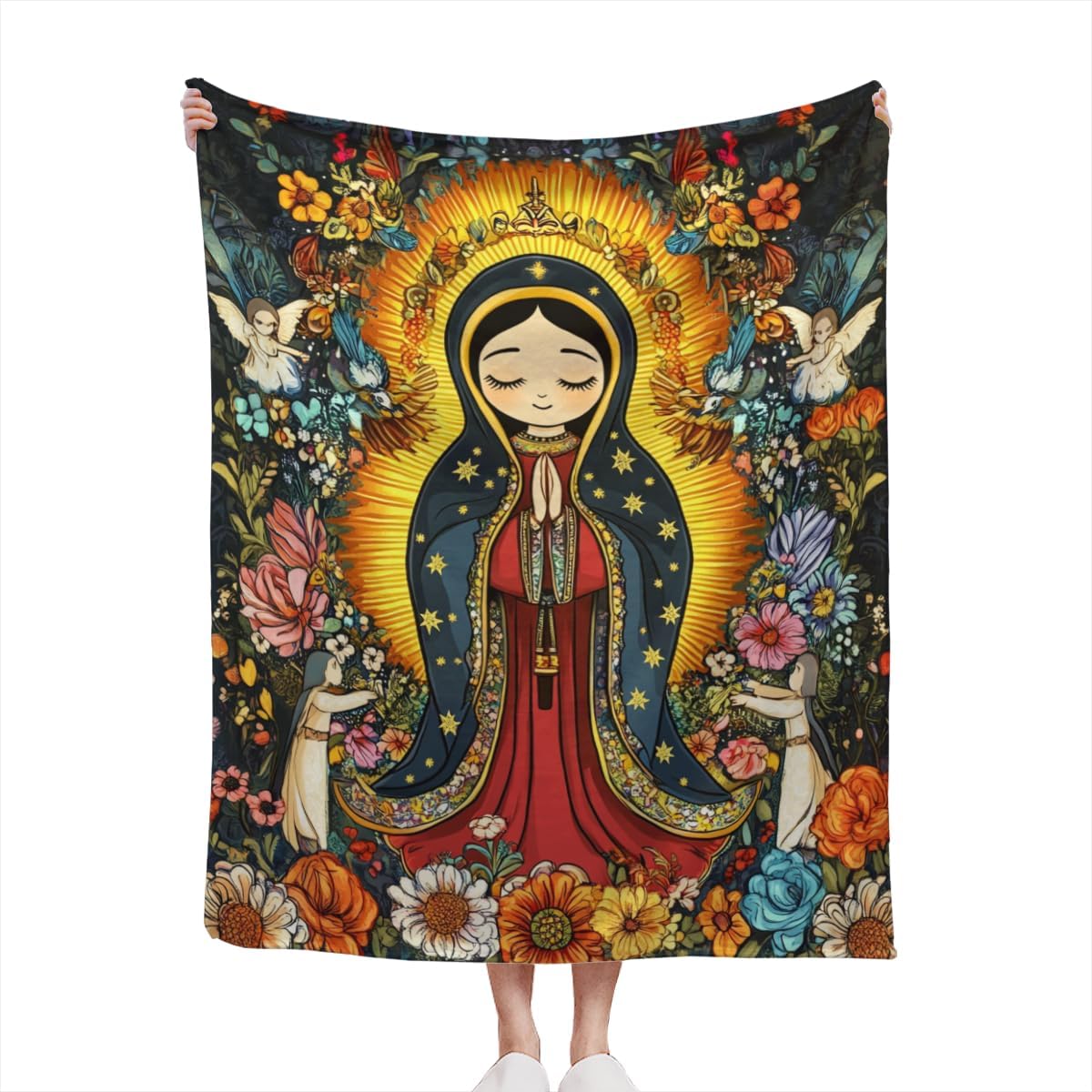 Virgin Mary Christian Throw Blanket Religious Our Lady of Guadalupe Flannel Blanket Ultra-Soft Fleece Catholic Art Throw Blanket Suitable for All Seasons Couch Bed Living Room 60x80 Inch