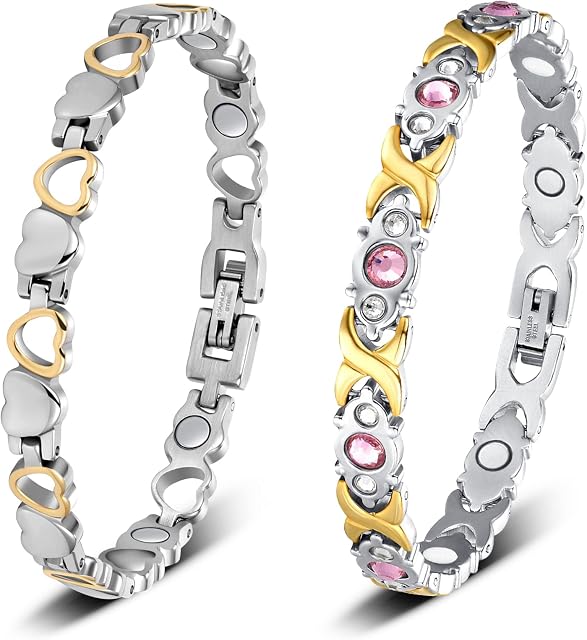 Jeracol Titanium Steel Magnetic Bracelet for Women,2 Pack Sparkly Magnetic Wristbands,Adjustable Size Brazaletes with Removal Tool & Jewelry Gift Box for Women Mother's Day