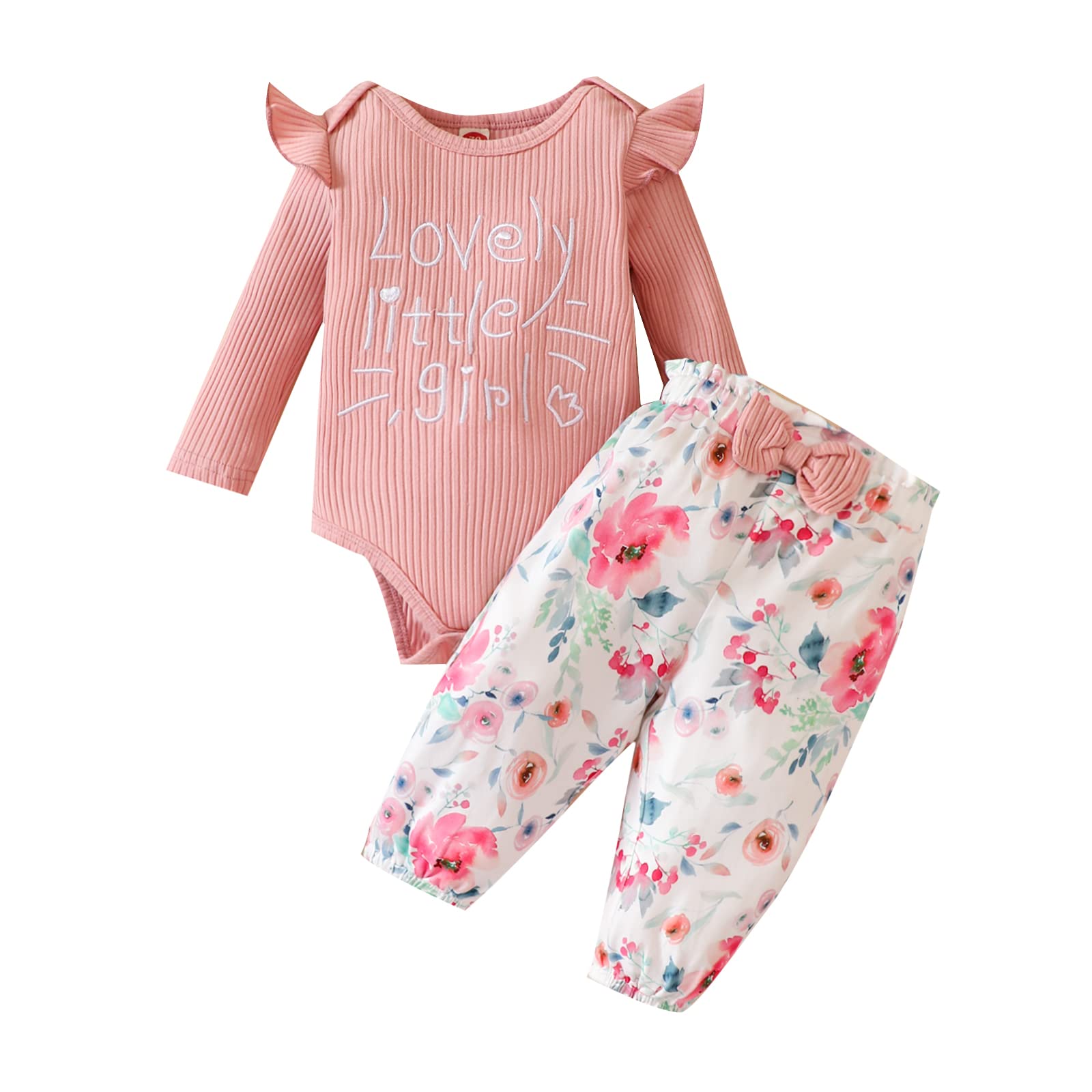 BorlaiBaby Girl Clothes Set Newborn Outfit Set Long Sleeve Letter Print Ruffle Romper Floral Pants Outfit Set