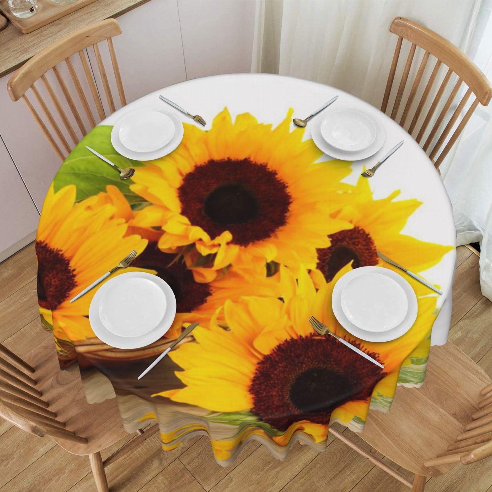 DCEHGEW 60 In Round Tablecloth with Lace, Sunflower Floral Printed Oilproof & Washable Fabric Picnic Table Cloth Table Covers