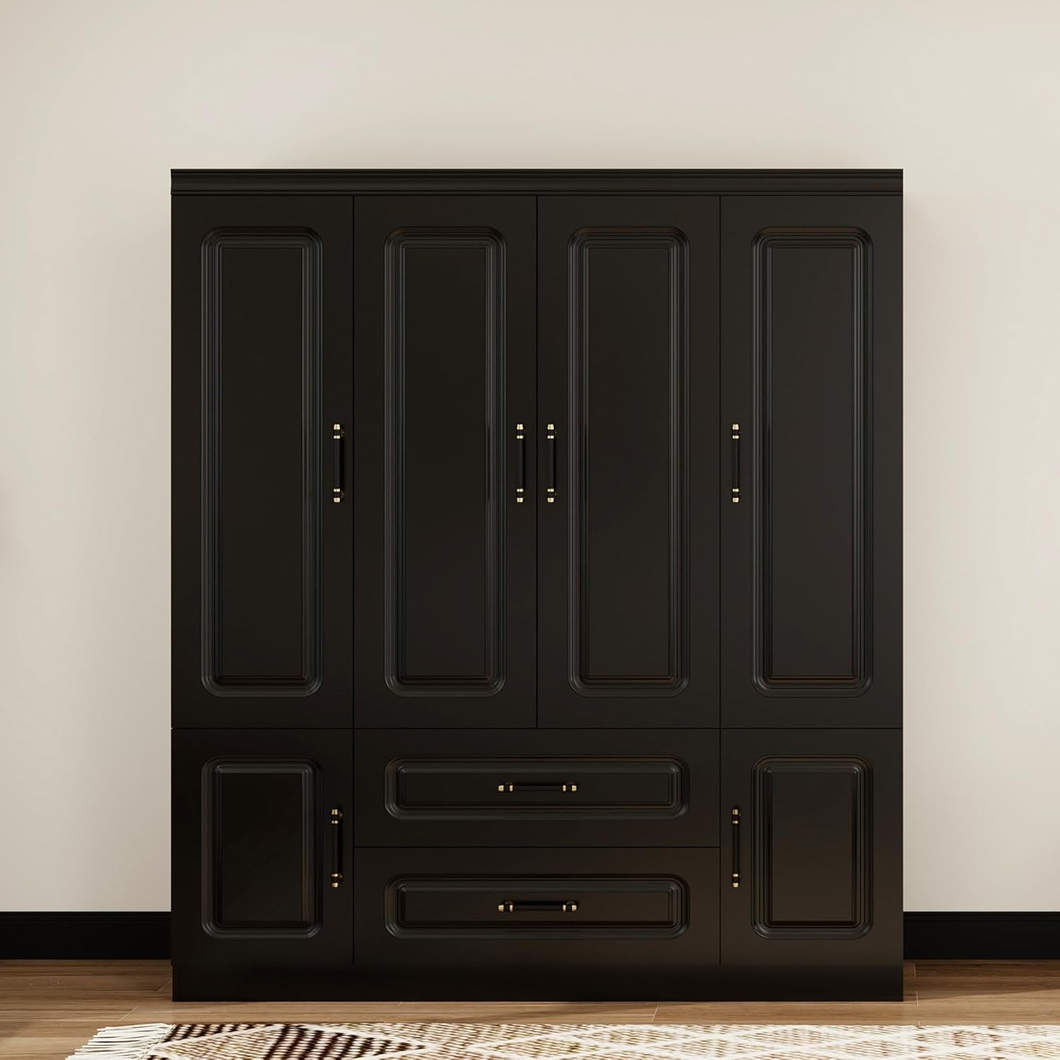 Wooden Armoire Wardrobe Closet：Modern Armoire Wardrobe Closet with 4 Doors, 2 Drawers and Hanging Rods for Tall Cabinet, Large Capacity Clothes Storage Cabinet for Bedroom Home, Black
