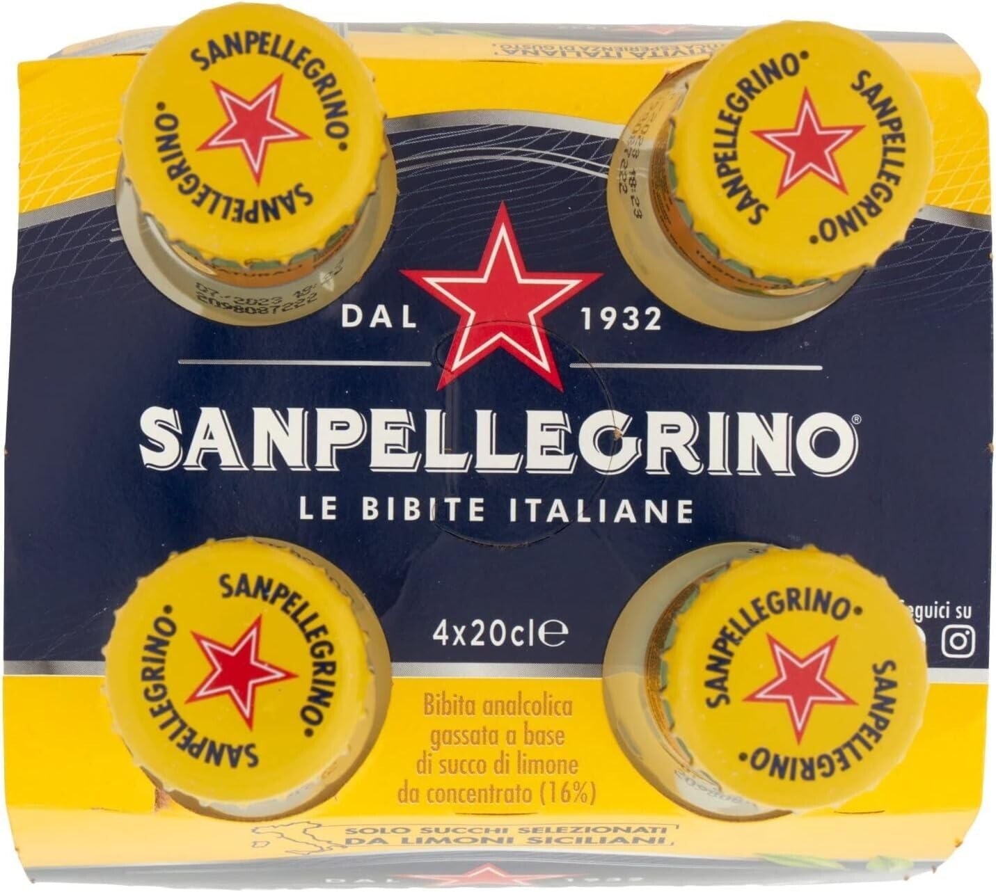 24x San Pellegrino Limonata Naturali Bevanda Analcolica Rinfrescante con succo di limone italiano, Bottiglia di vetro 20cl