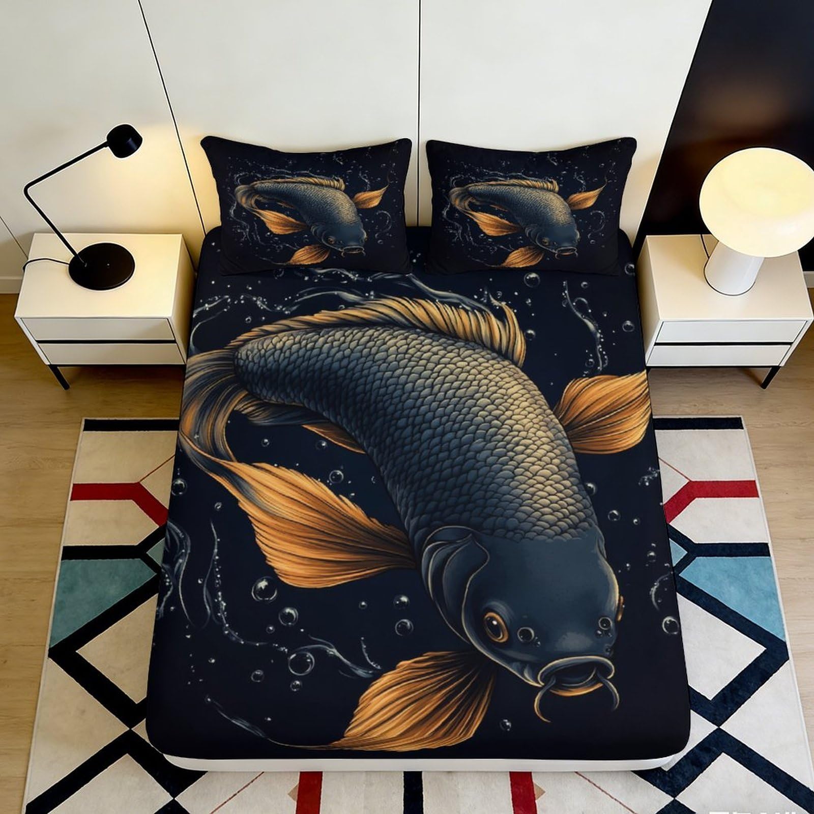 3D Printed Koi Fitted Sheet Microfiber Deep Pocket Bedroom Bedding Non-Slip Koi Mattress Fitted Cover for Adults 160x200x25cm