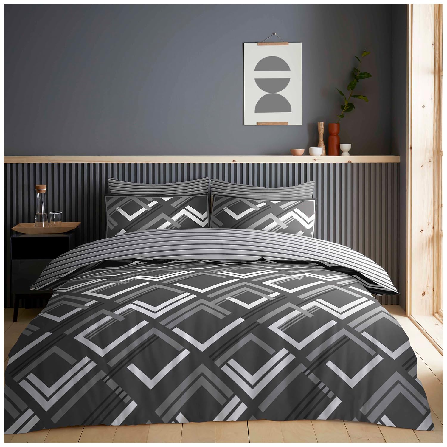 Gc Gaveno Cavailia Harlow Charcoal Printed Geometric Duvet Cover Quilt Set Charcoal, Double