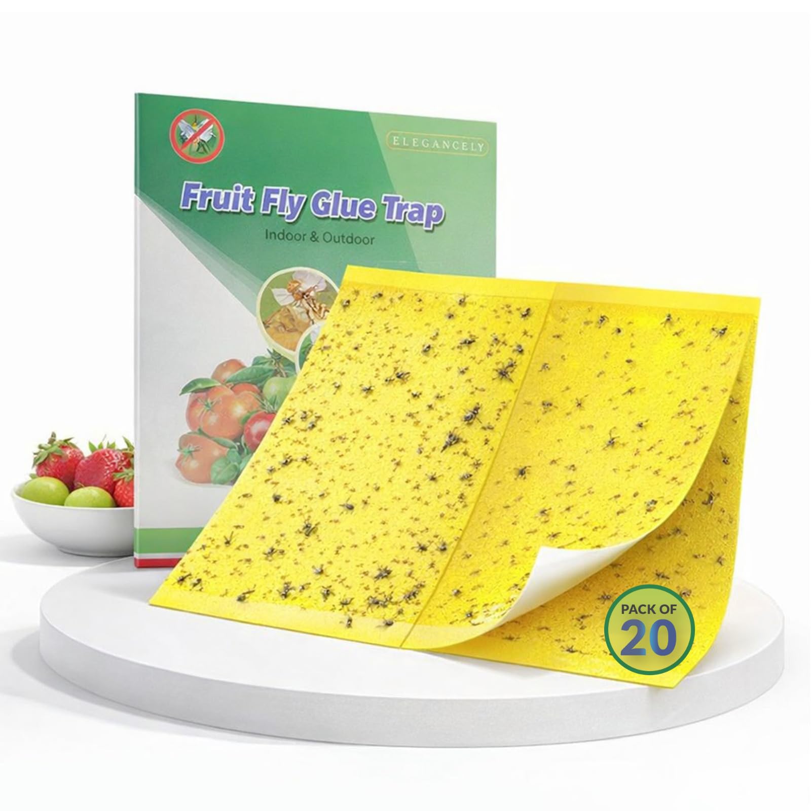 Elegancely 20 Pack Fruit Fly Trap Indoor & Outdoor | Large 20 x 40cm Sticky Insect Pads & Glue Papers for Home Use, Kitchen, Garden - Fly Catcher & Dual-Sided Adhesive for Bugs, Gnats & Mosquitoes