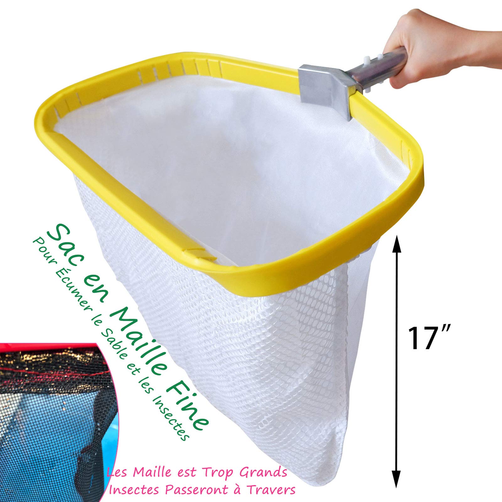 Professionnelle Piscine Épuisette, Lourd Fardeau Filet Profond avec Cadre en Aluminium, Robuste Maille Fine Balai pour Nettoyer Bassin Feuilles Pollens Insectes, Pool Skimmer Rake Net