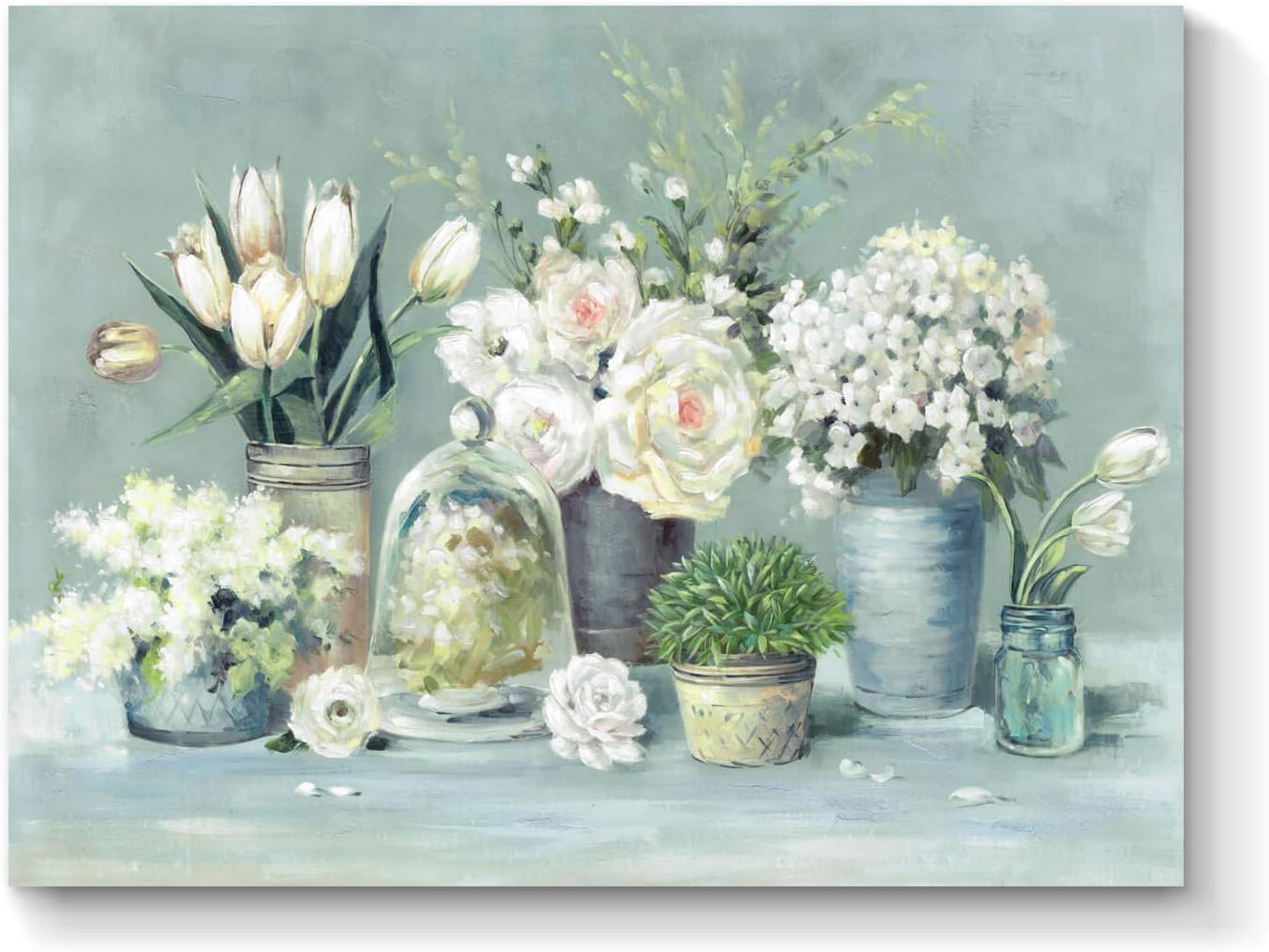 TAR TAR STUDIO White Flower Painting Floral Artwork: Abstract Bouquet Wall Art Hand Painted Canvas Picture for Bedroom (24''W x 18''H, Multiple Sizes)