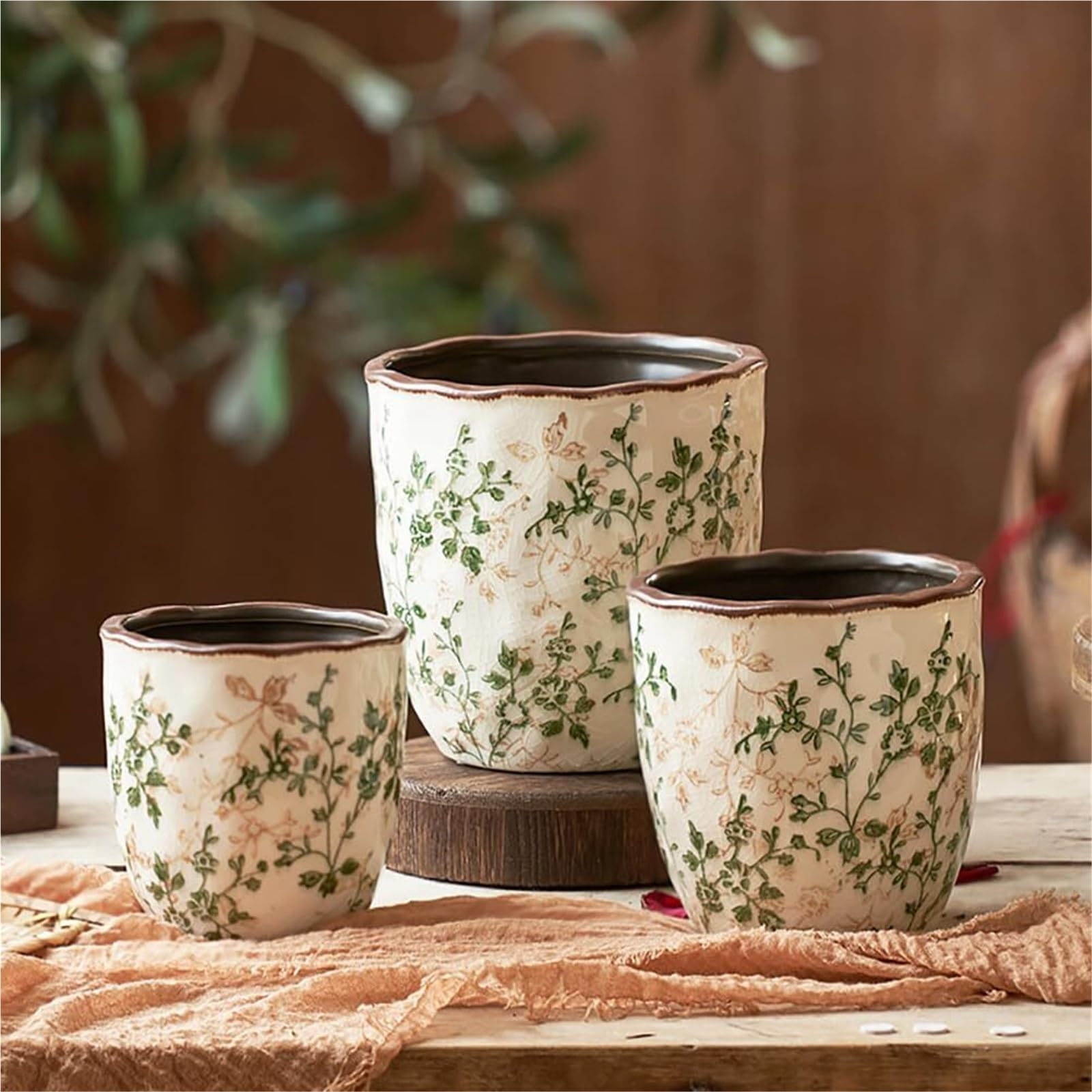 Doniczki na rośliny w stylu vintage, ceramiczne donice do roślin pokojowych i sukulentów, popękane, glazurowane, zielone wiosna dekoracja (M)