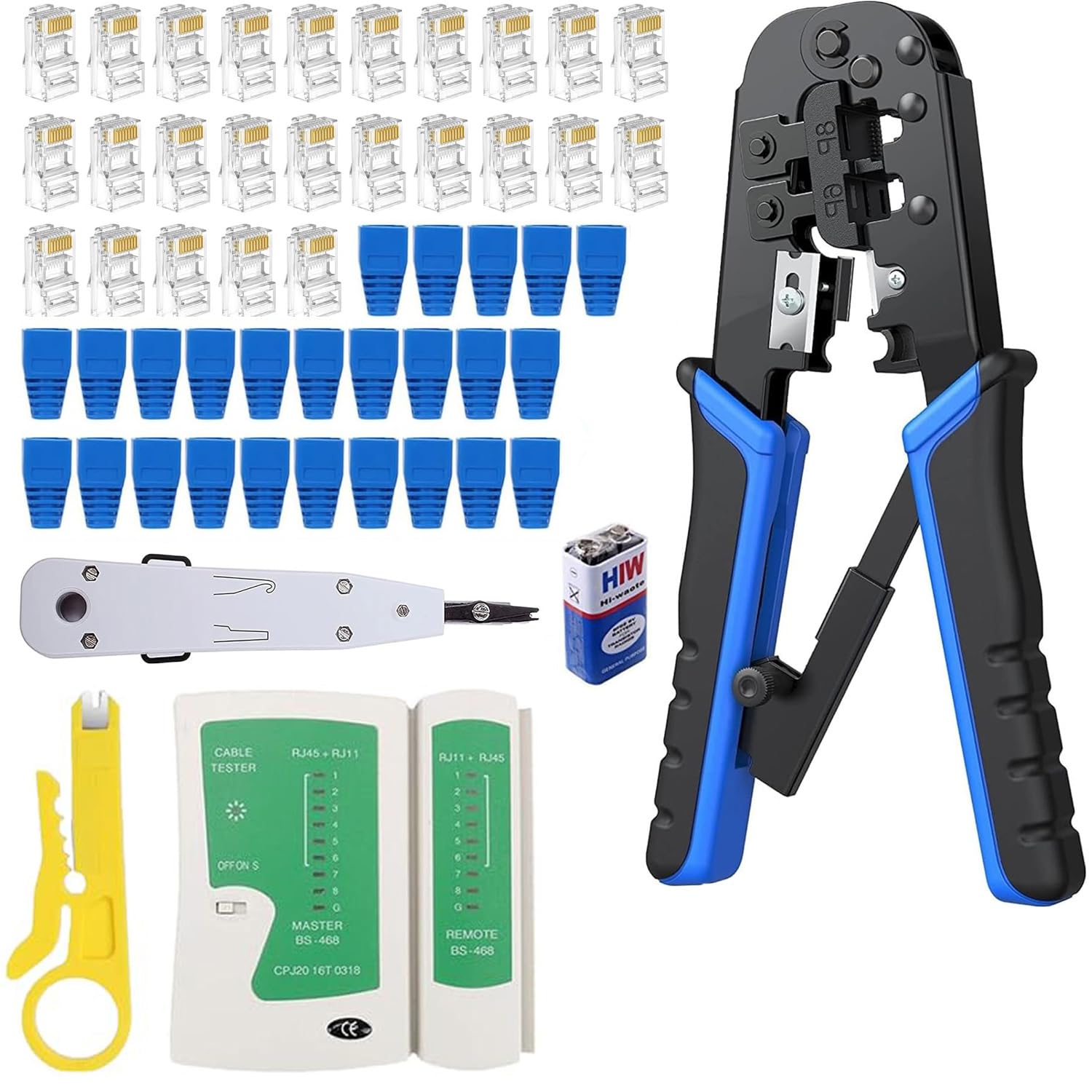 Inditrust Professional RJ45 Crimping Tool Kit for Cat6A/Cat5E/Cat5 – Ethernet Crimping Machine with KD-1 Punch Down Tool, LAN Cable Tester with battery, 50pc RJ45 Connectors and 50pc boot covers-image-31