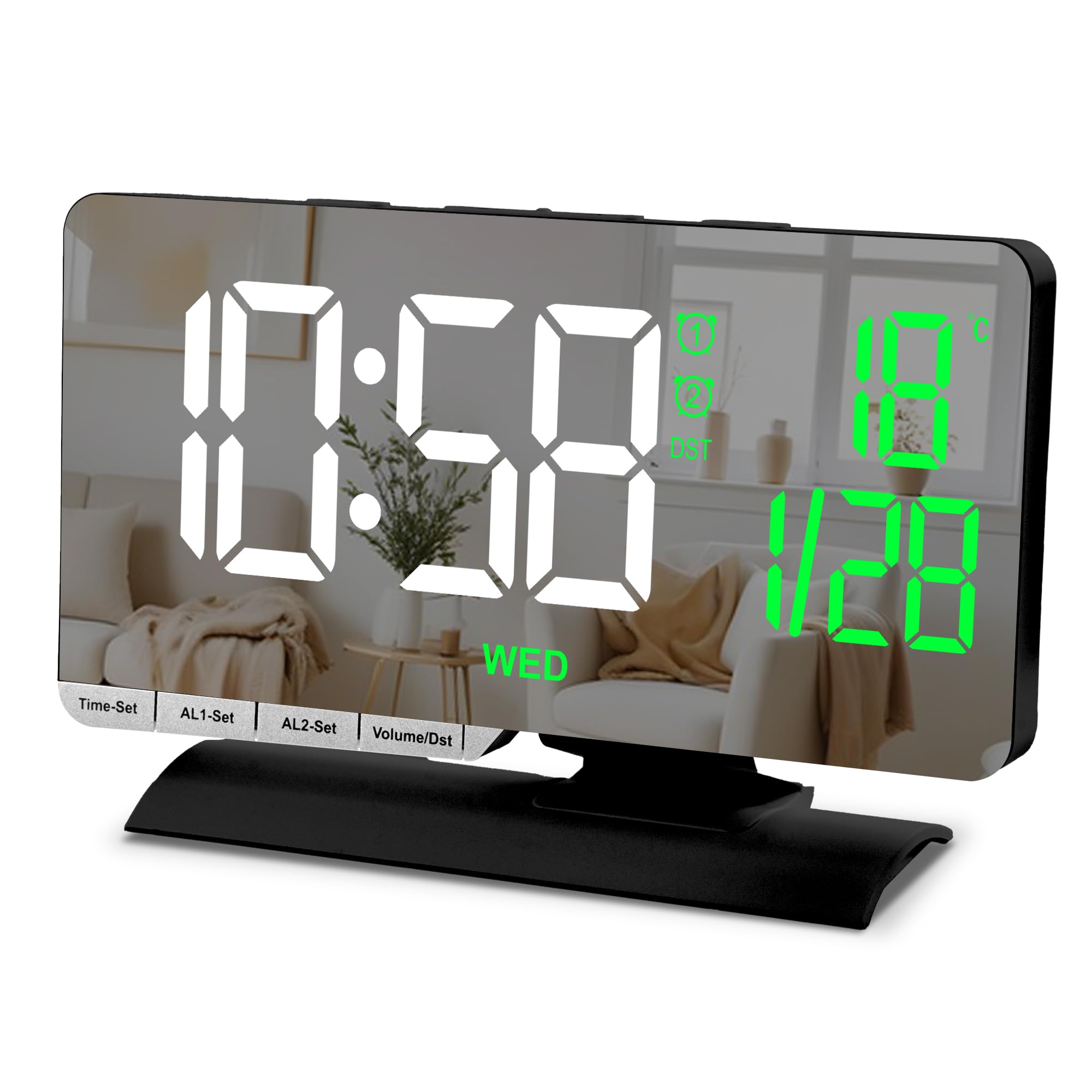 Zegar cyfrowy, budzik przy łóżku, 18 cm duże lustro LED z datą, wyświetlaczem dnia, podwójny budzik z 3 trybami, Brightnee, DST, funkcja drzemki, port ładowania USB C, 5 głośności, na biurko, do