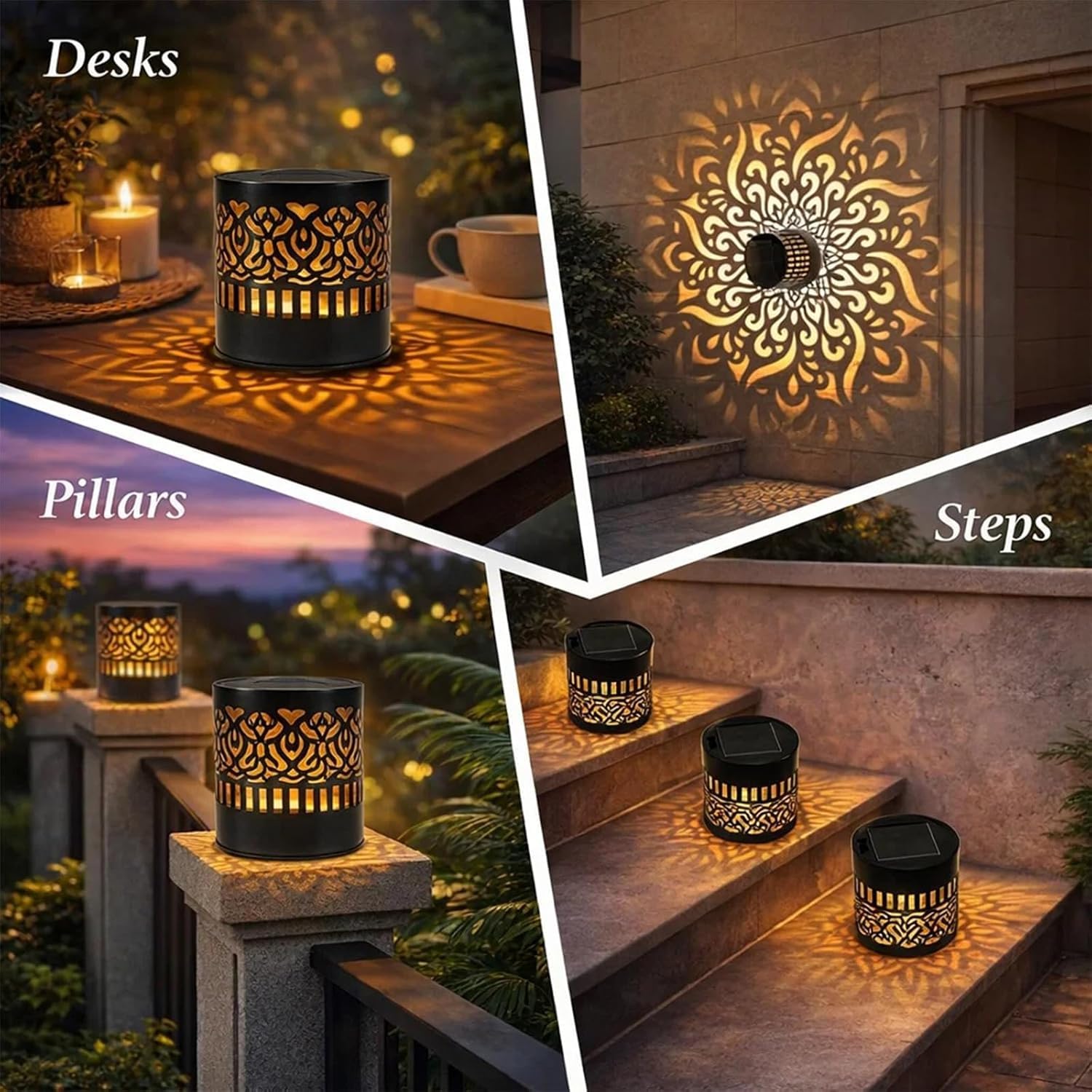 Lampe Solaire Exterieur Mandala, Lanterne Solaire Exterieur Jardin, Applique Murale Lanterne Solaire Lampe de Clôture Étanche IP65 Pour Festive Fête Cour Table Couloir (4-Pack)