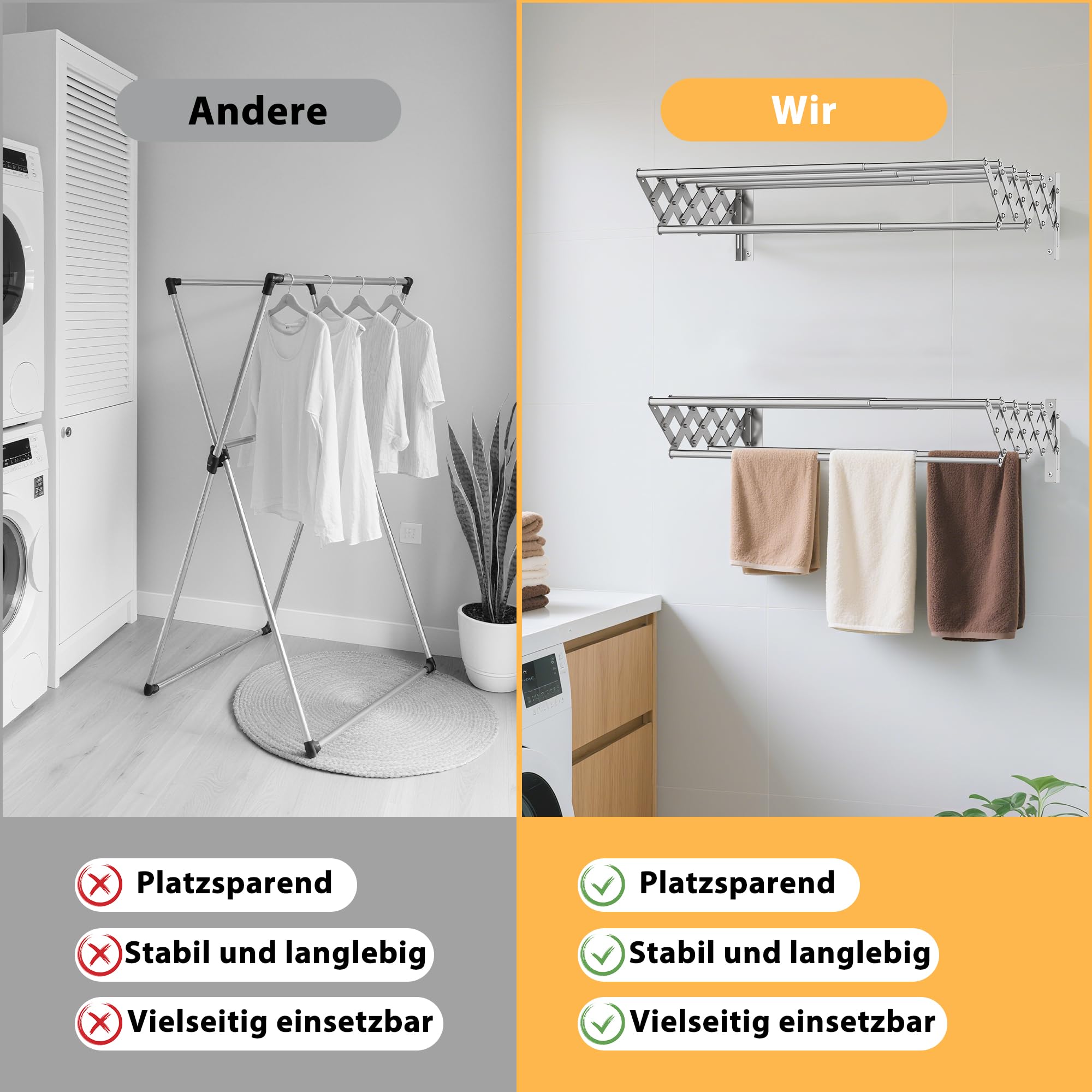 OUUTMEE Wand Wäscheständer Edelstahl Wandtrockner Ausziehbar, Vorderer und hinterer Teleskopbereich: 12~56cm, mit Sieben Zugstangen Tragfähigkeit 25kg (Silber)