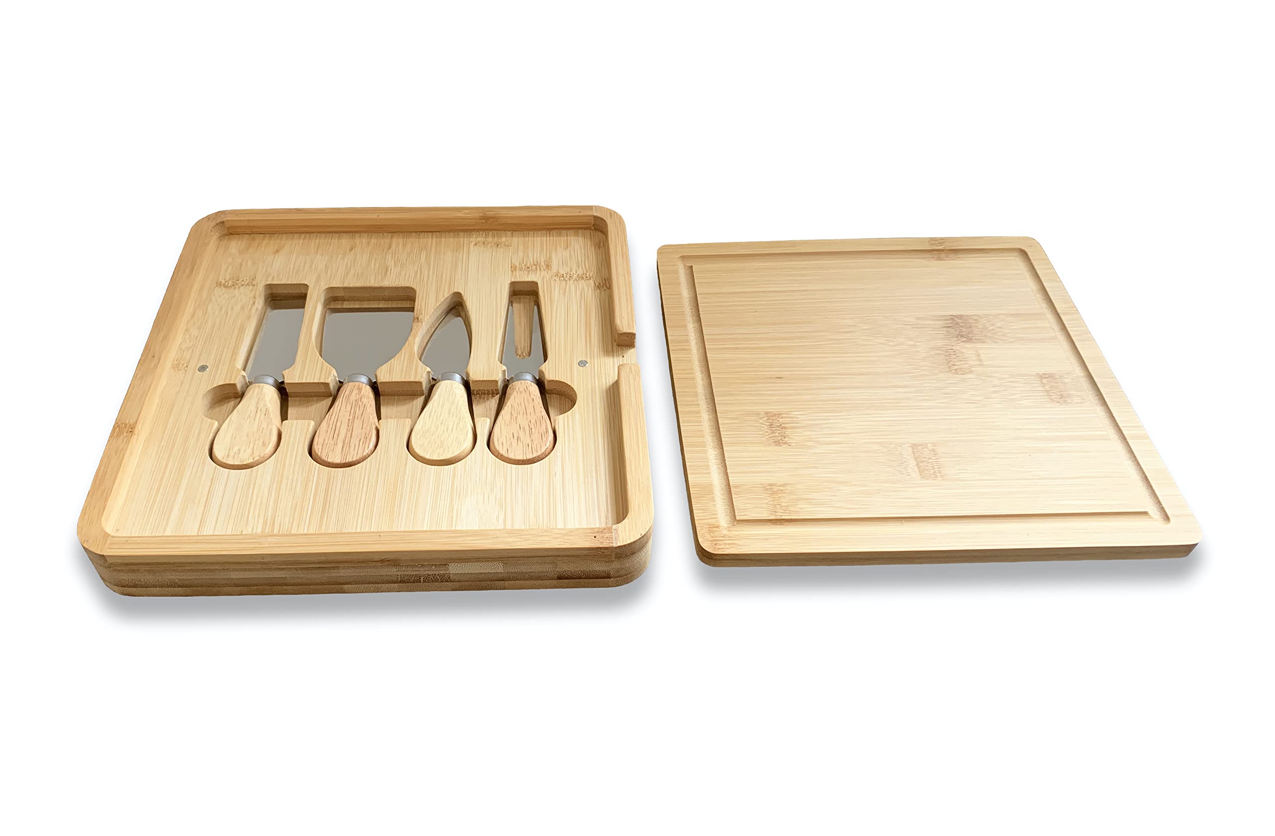 Ecowonder Light Brown Wooden Cheese Board Gift Set - Charcuterie Platter Serving Tray - Cheeseboard And Knives Set - Hamper Gift Ideal For Cheese Lover - House Warming Gift Wedding Present For Couples