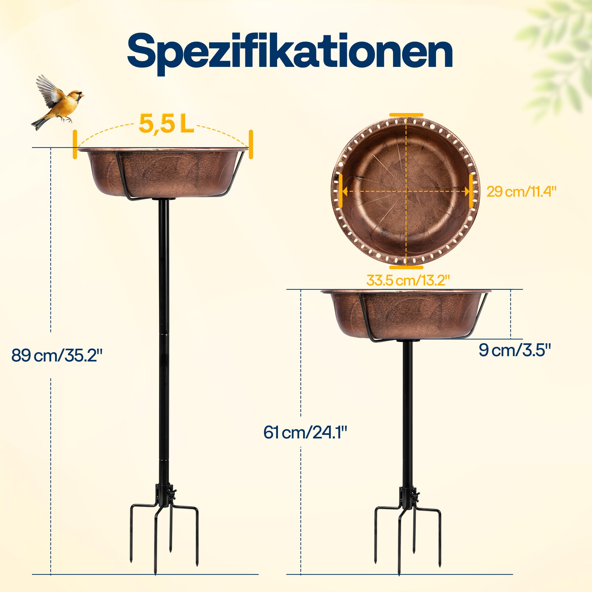 VIVOHOME Vogelbad für den Garten,Vogeltränke Stehend,35In Metall Vintage Freistehendes Vogelbad mit,Vogeltränke Groß Frostsicher Winterfest (Antike Bronze)