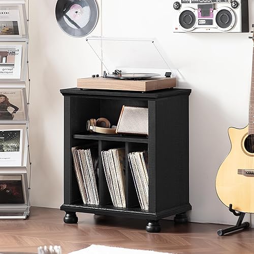Miniatura 9 de Soporte para tocadiscos con almacenamiento de discos de vinilo, mesa de tocadiscos de mediados de siglo de 24 pulgadas de ancho hasta 200 álbumes,