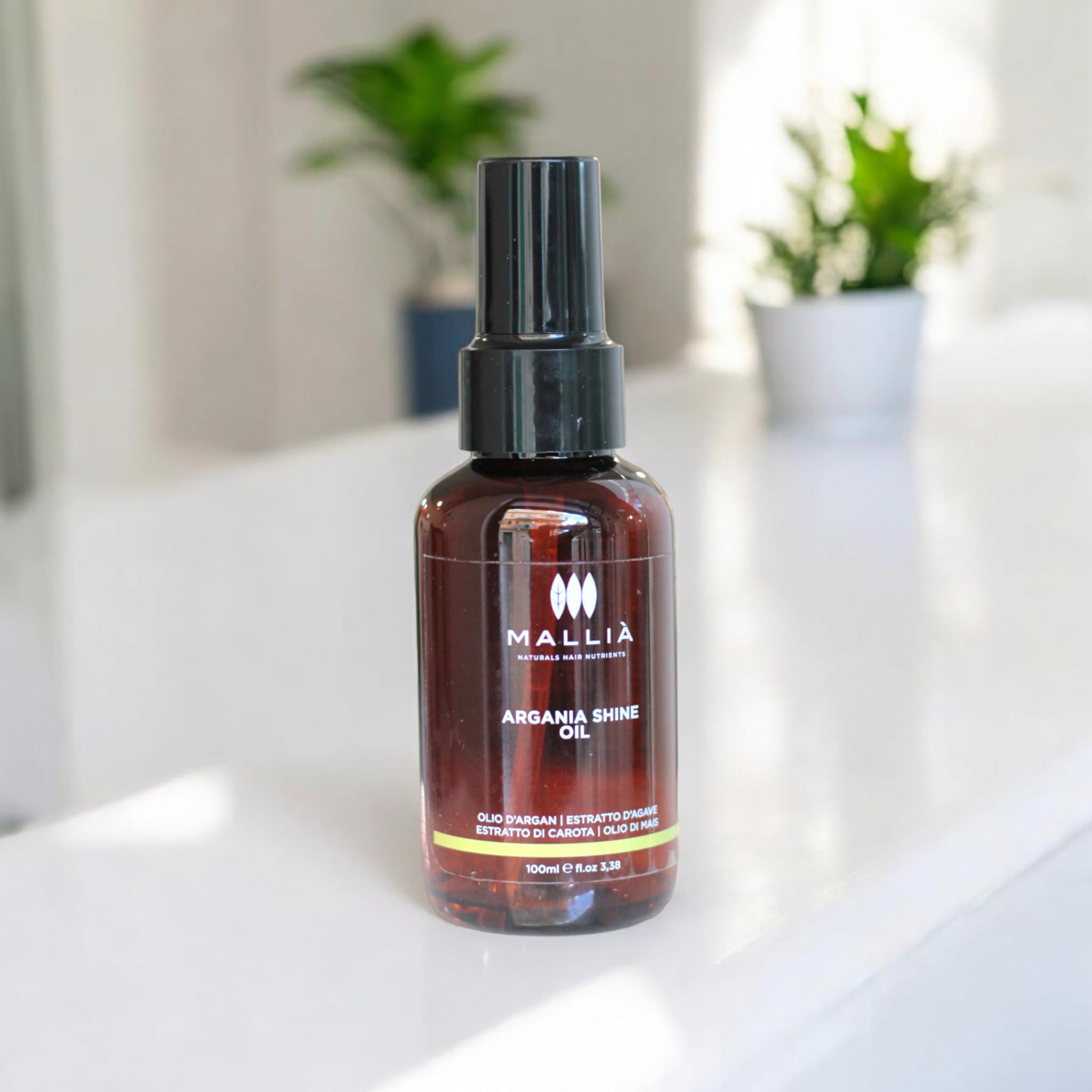 Mallià Argania Shine Oil Arganöl für Haare, flüssige Kristalle gegen Frizz, Politur und Versiegelung mit Doppelspitzen, 100 ml