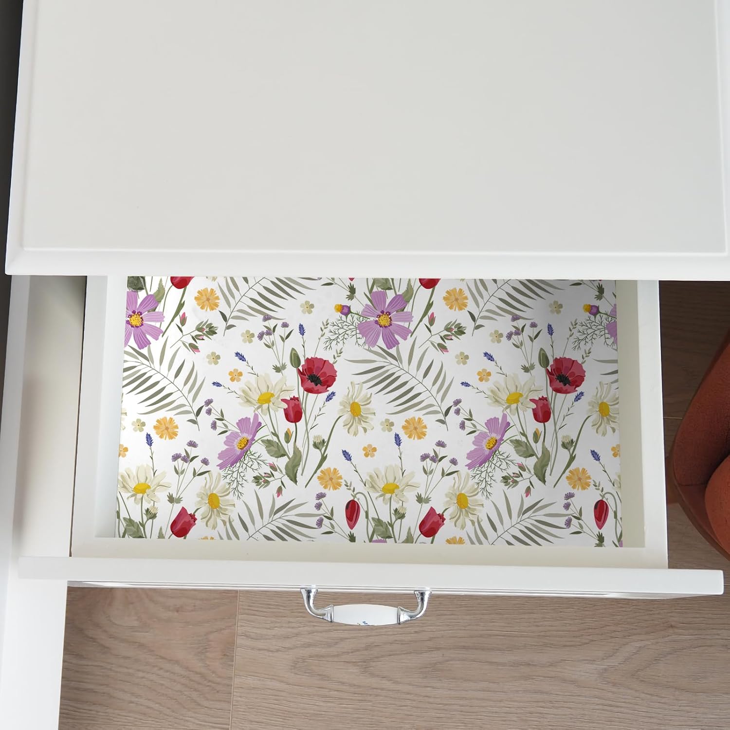 Wildflowers Floral Peel and Stick Wallpaper Purple Red Yellow Colorful Spring Floral Wallpaper Contact Paper Removable Daisy Flower Botanical Leaf Wallpaper for Bedroom Bathroom 12"x118"