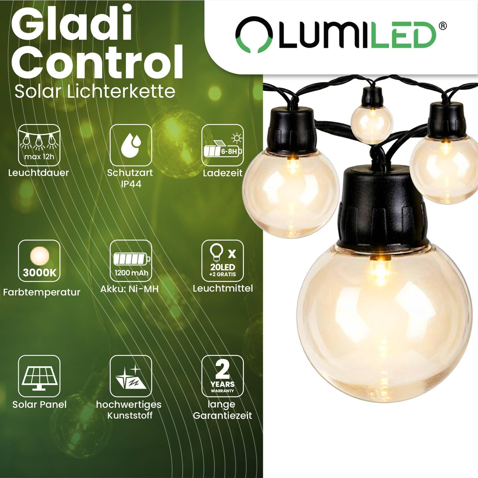 Lumiled Solarny łańcuch świetlny do użytku na zewnątrz, 7 m, 20 diod LED + 2 zapasowe żarówki, pilot zdalnego sterowania, IP44, odporny na warunki atmosferyczne, 8 trybów pracy, ciepła biel, 3000 K