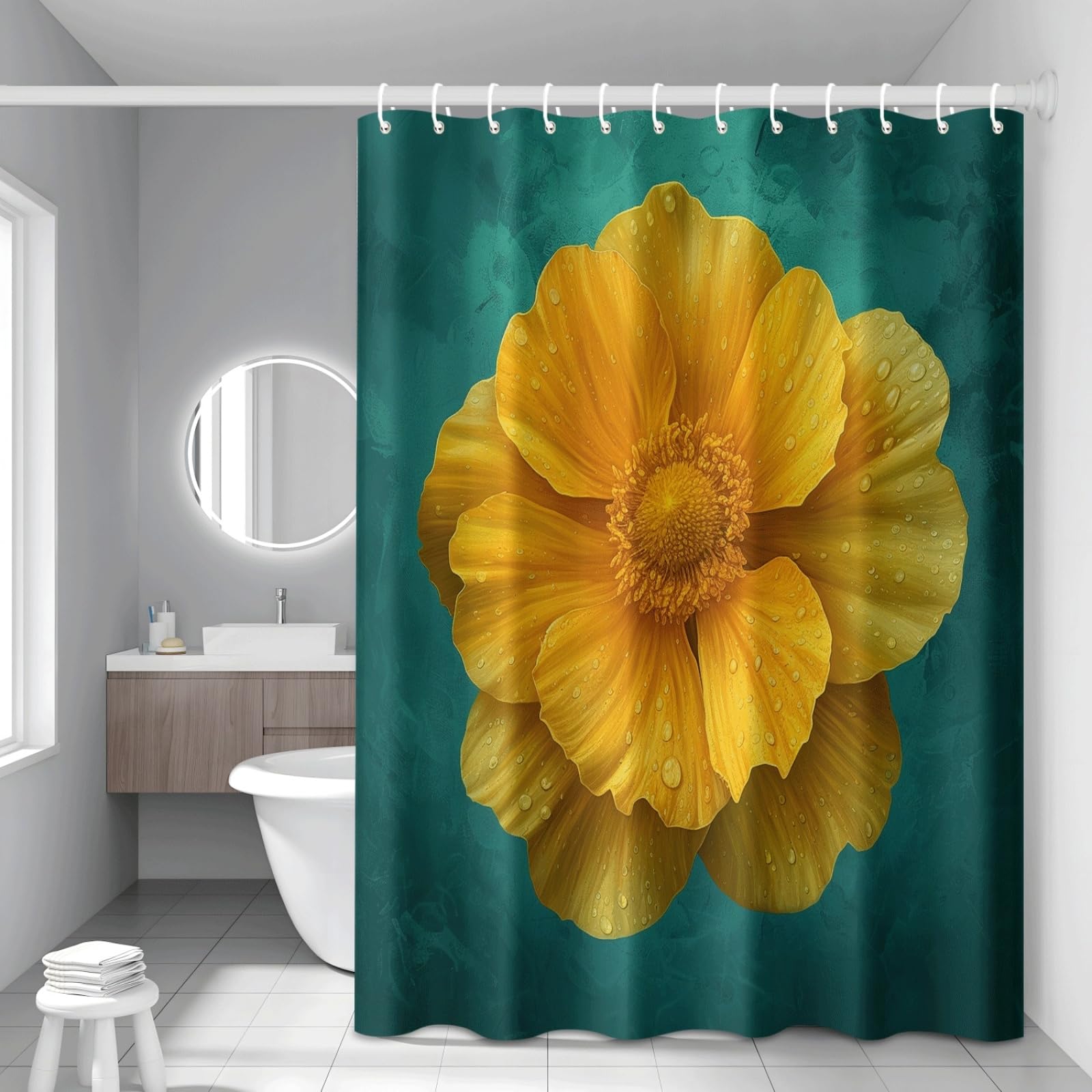 Rideau de douche fleurs jaunes 200x220cm en polyester lavable et imperméable pour baignoire